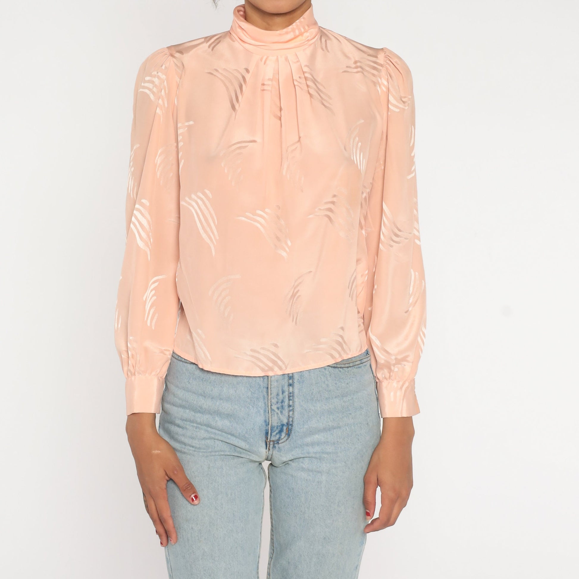 80s Peach Embossed Blouse Puff Sleeve Mock Neck Geometric Button Back Small