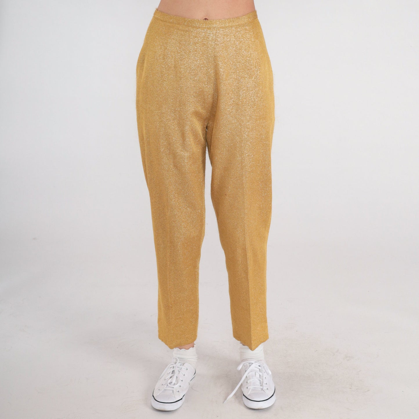 70s Metallic Gold Sparkly High-Waist Straight Trousers Small