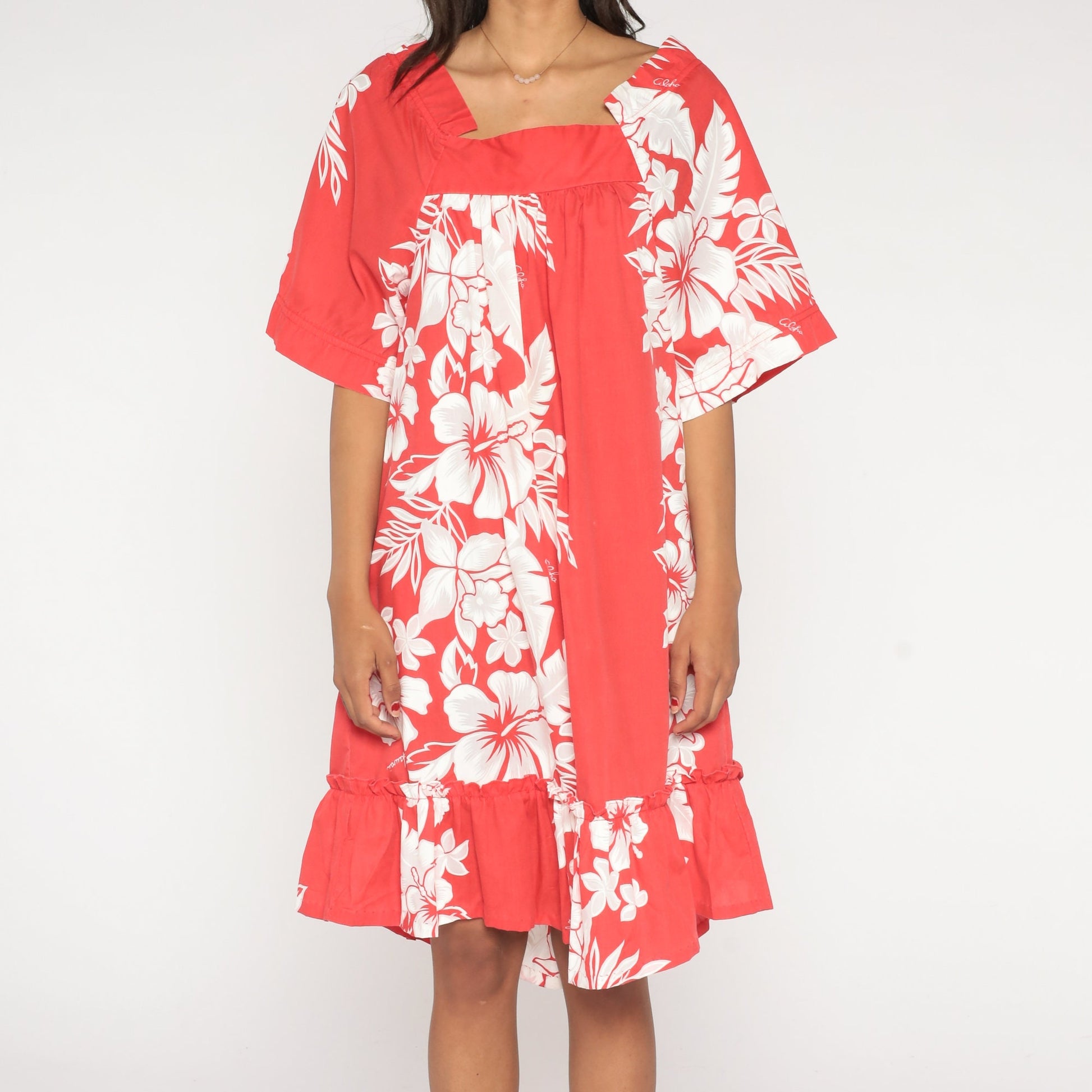 90s Hawaiian Floral Tent Dress Red Tropical Aloha Print Midi Medium