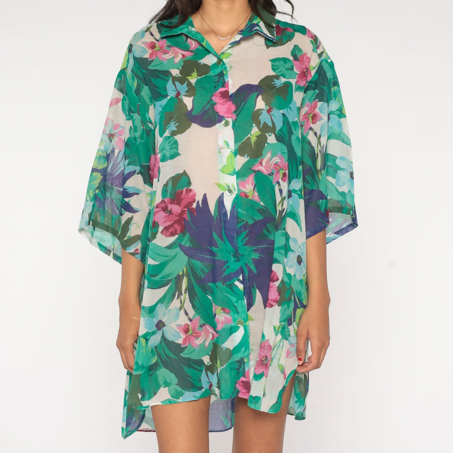 80s Floral Shirtdress White Mini Dress 3/4 Sleeve Button-Up Large