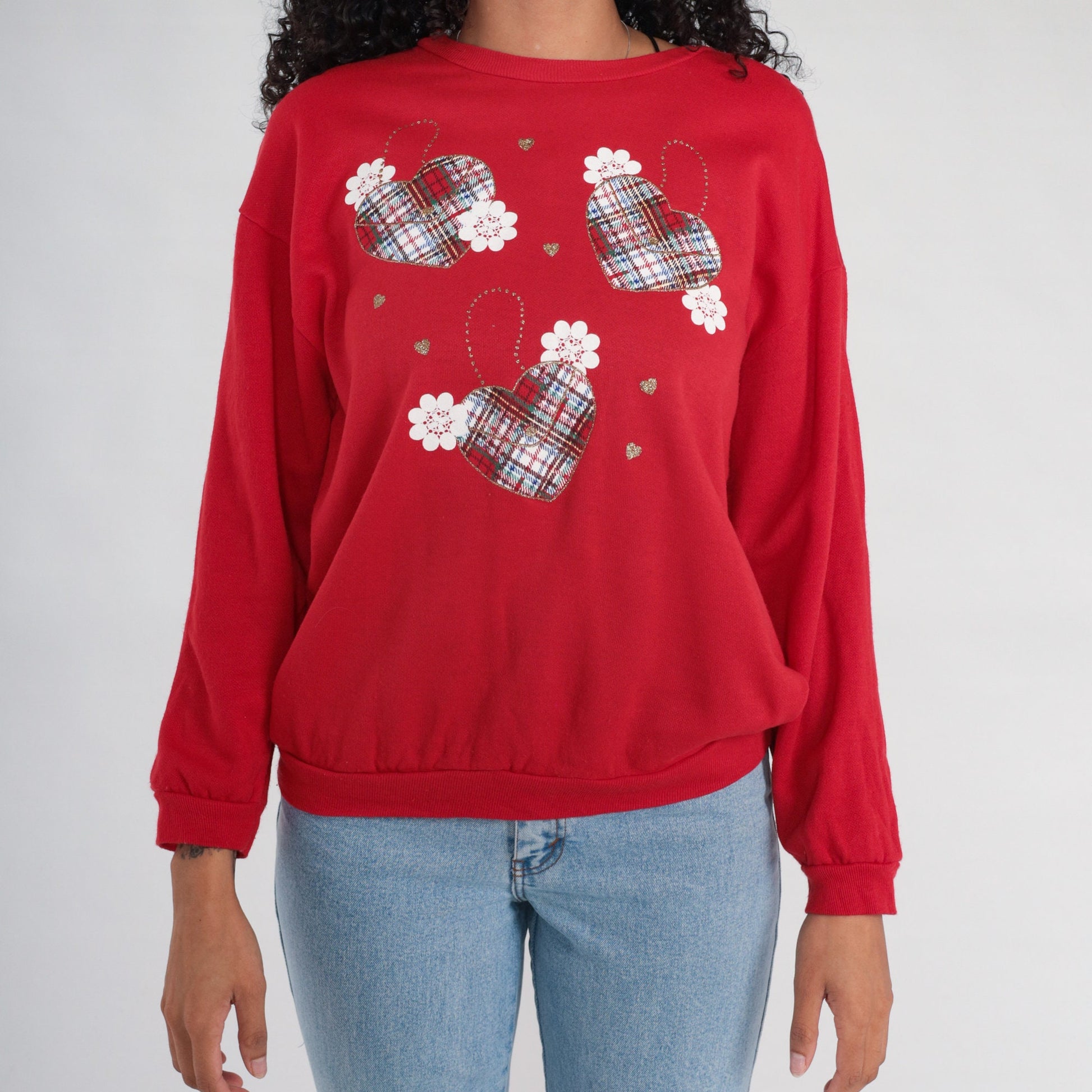 90s Red Plaid Heart Sweatshirt Gold Glitter Crewneck Pullover Medium