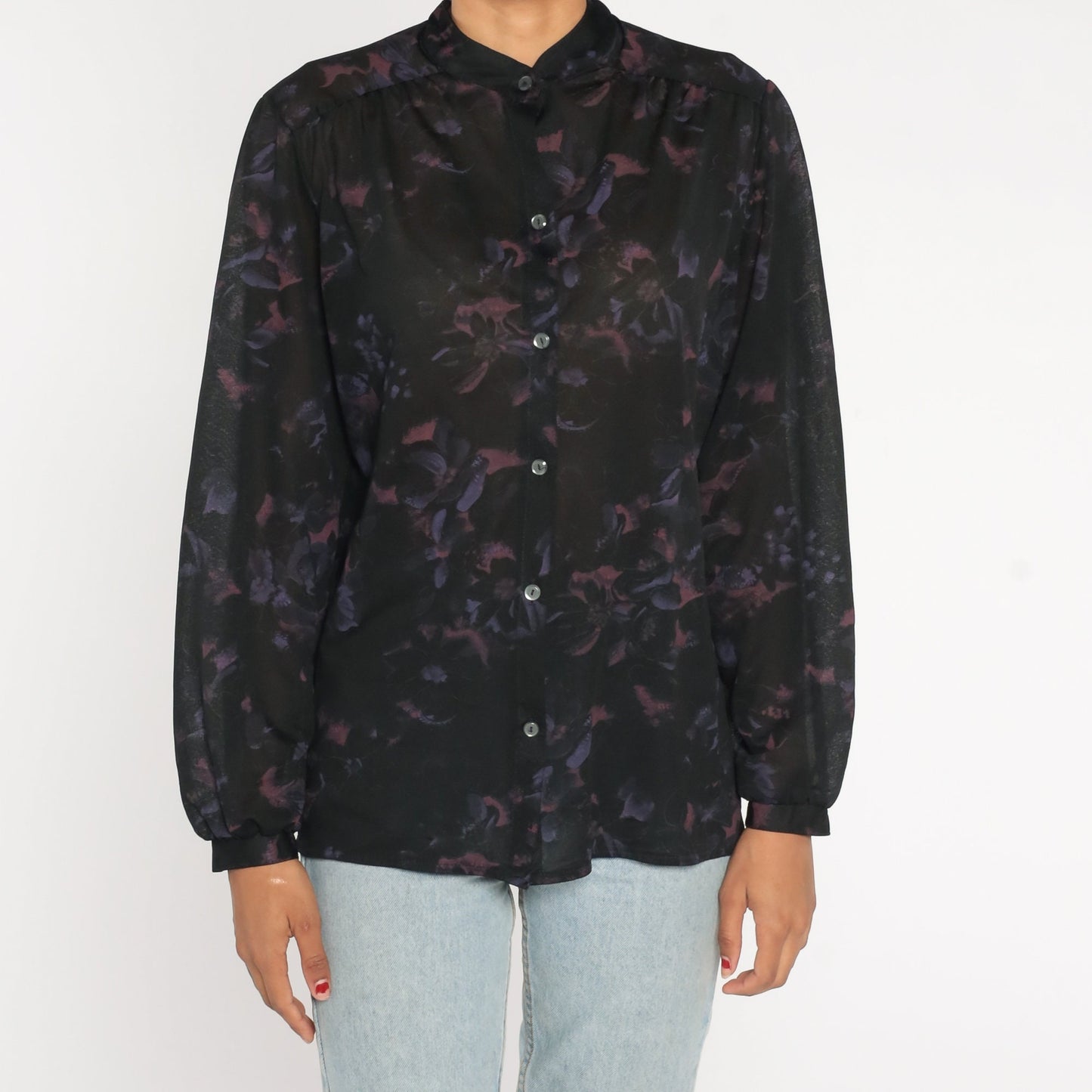 70s Black Floral Button-Up Blouse Long Sleeve Semi-Sheer Shirt Large