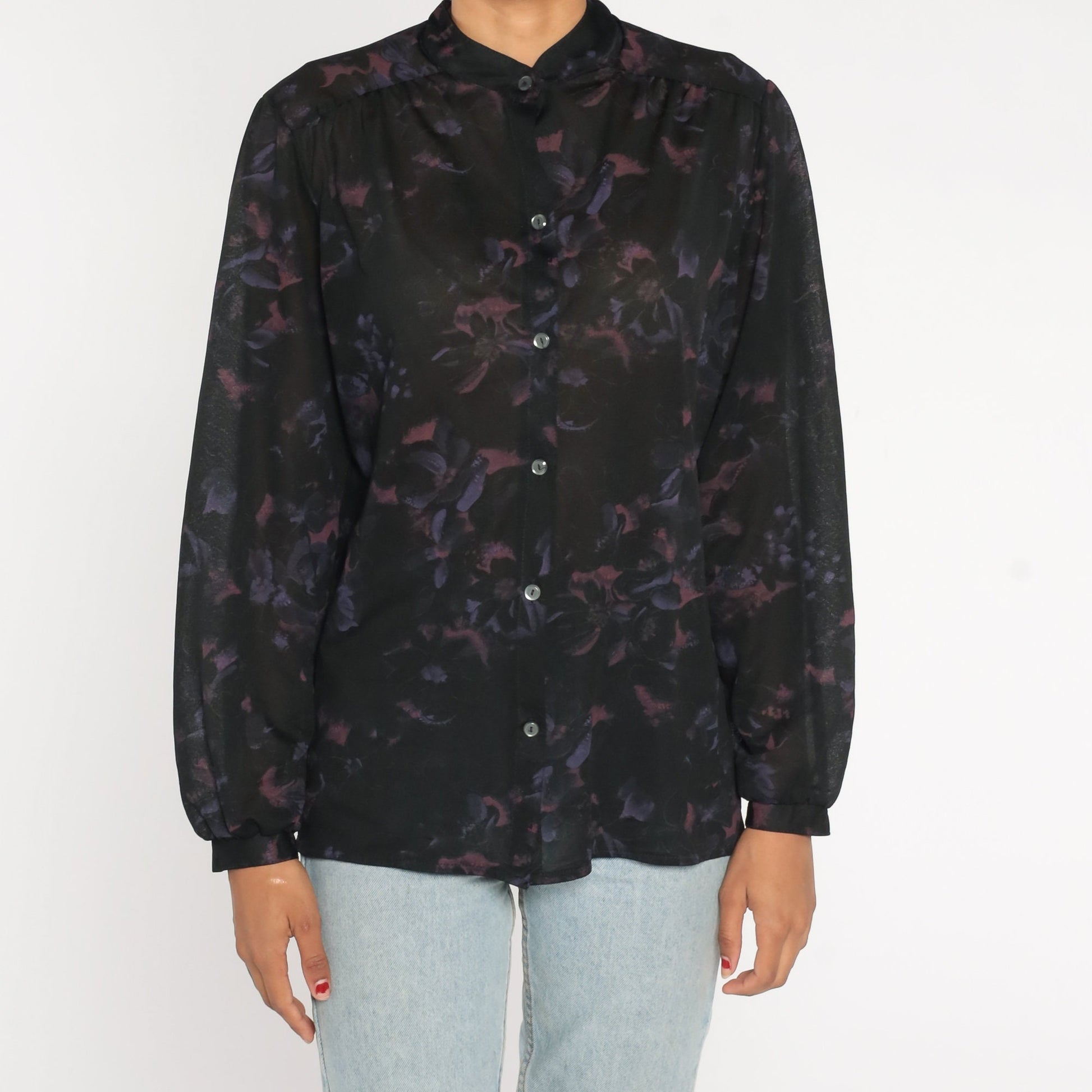70s Black Floral Button-Up Blouse Long Sleeve Semi-Sheer Shirt Large