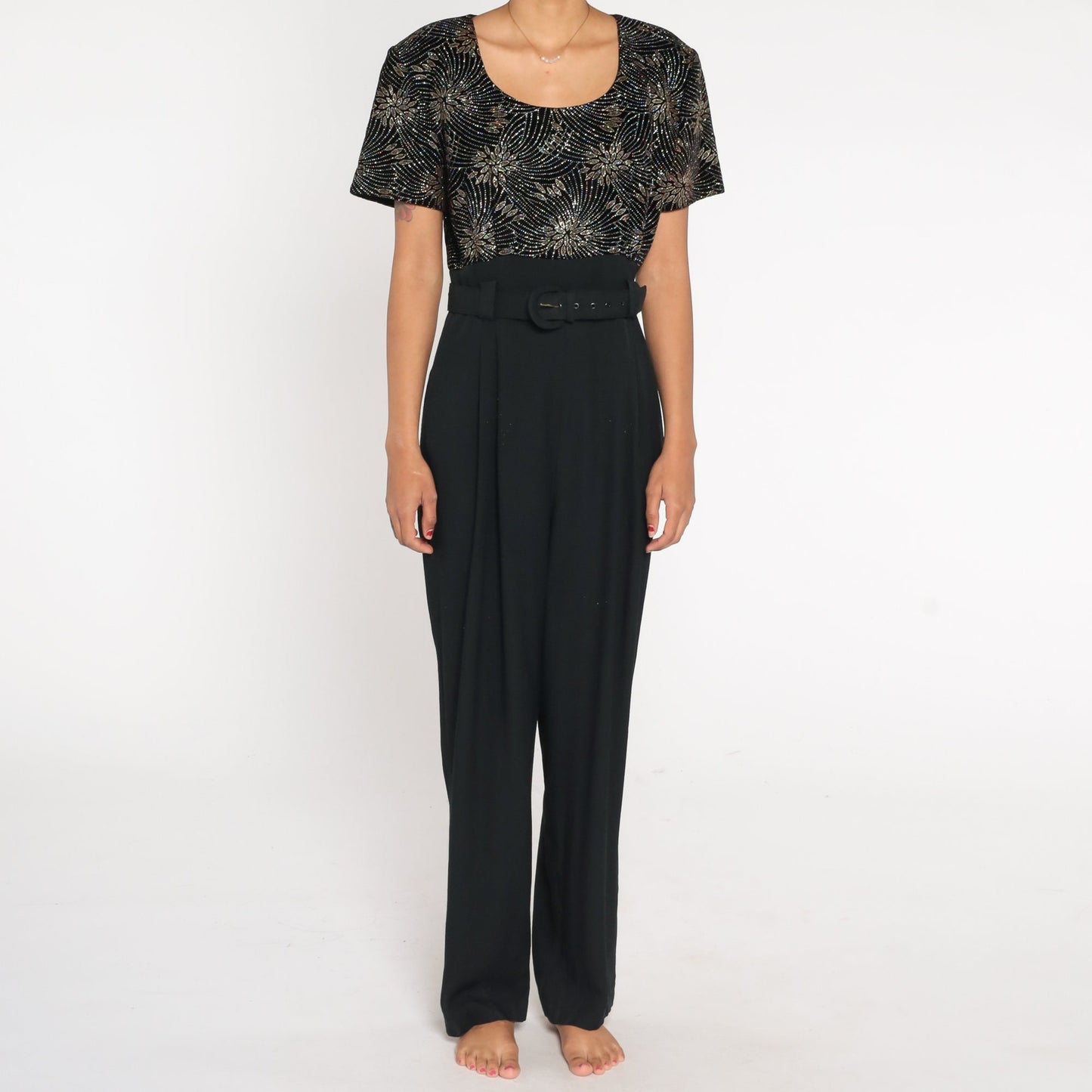 90s Black Velvet Glitter Jumpsuit High Waist Straight Leg Large