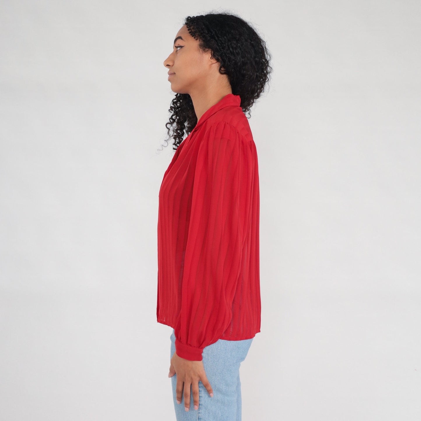 80s Red Striped Puff Sleeve Button-Up Blouse Semi-Sheer Long Sleeve Medium Large