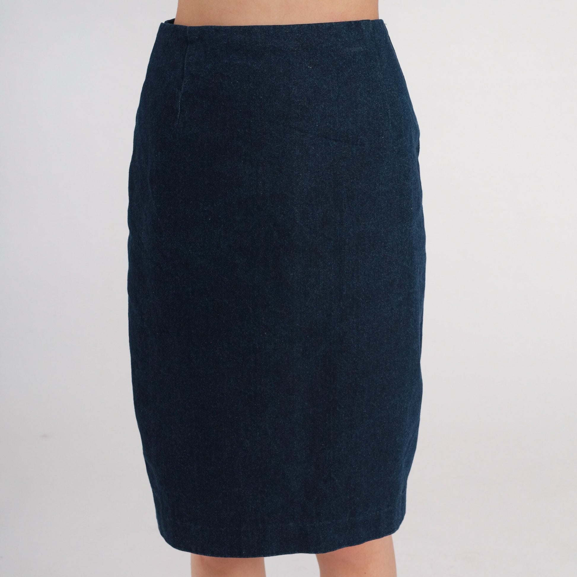 80s Dark Wash Denim Mini Skirt High Waist Pencil Cut Extra Small