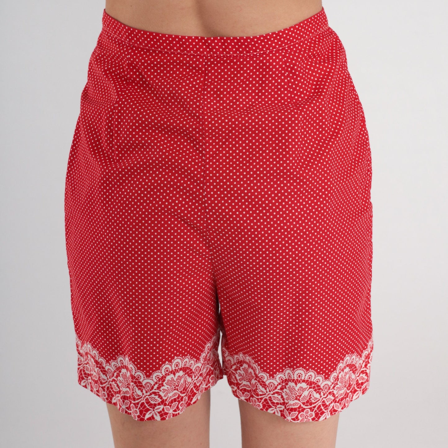 60s Red Polka Dot Shorts High-Waisted Floral Lace Print Extra Small