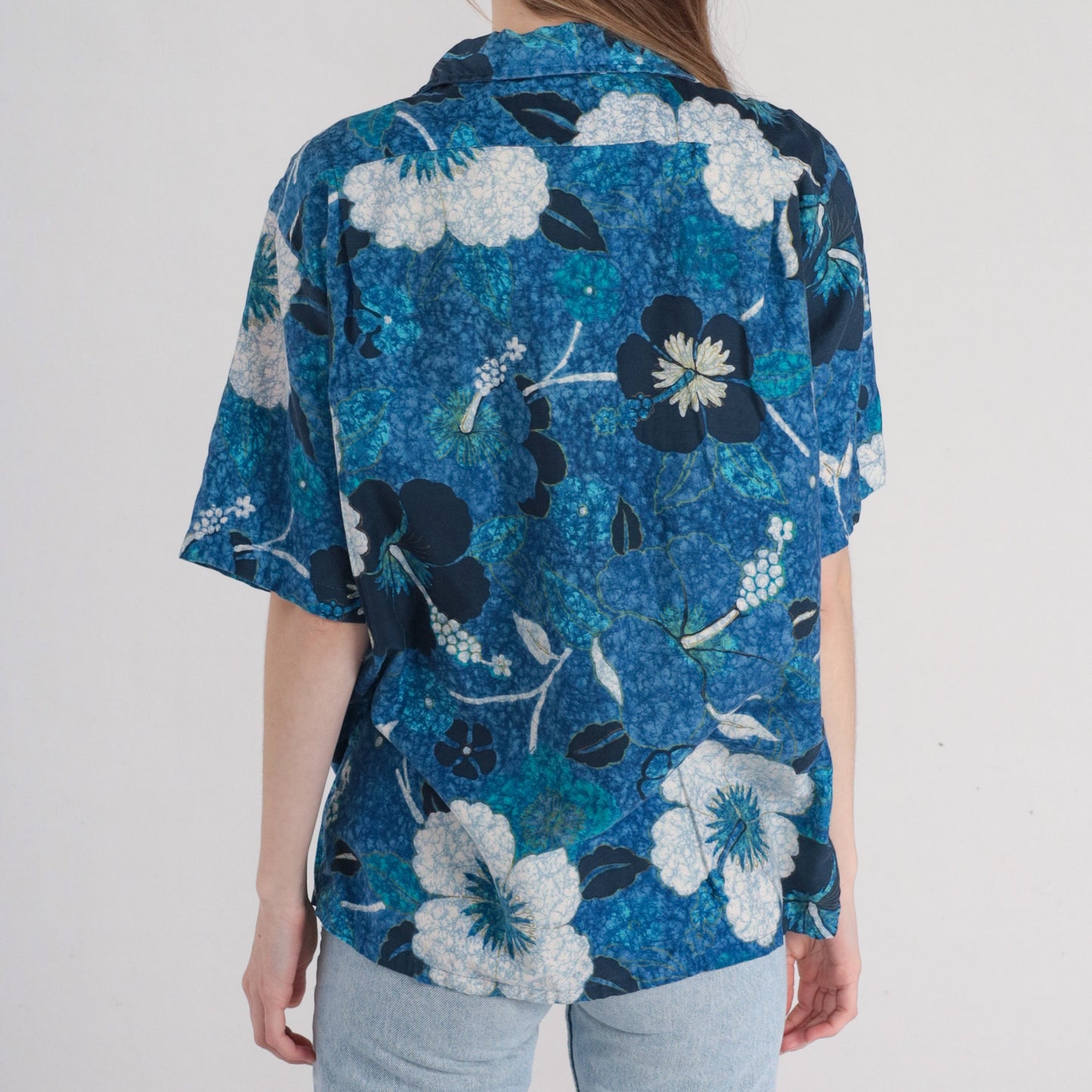90s Blue Hawaiian Shirt Tropical Floral Leaf Print Cotton Button Up Large