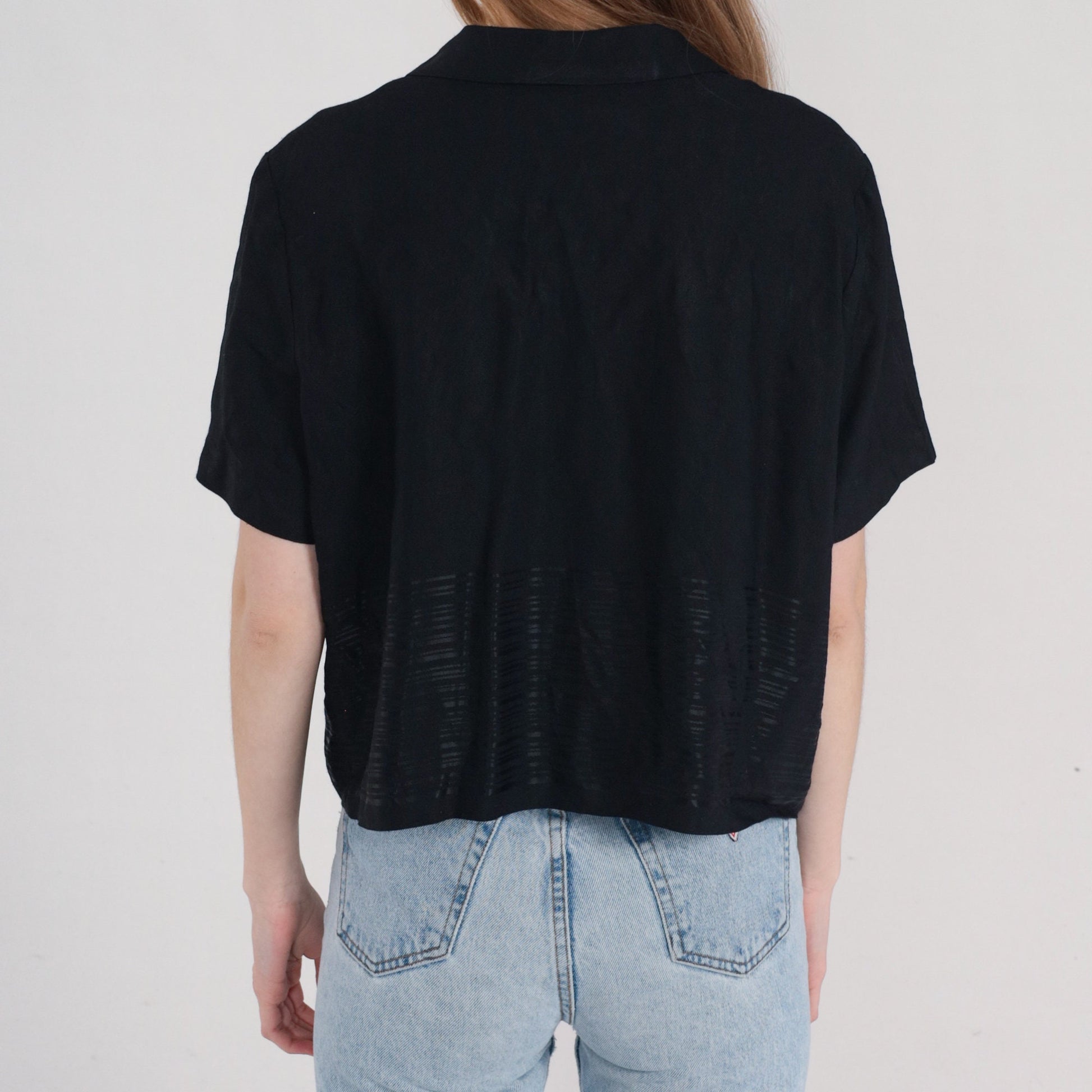 90s Black Button-Up Blouse Shiny Striped Short Sleeve Large L