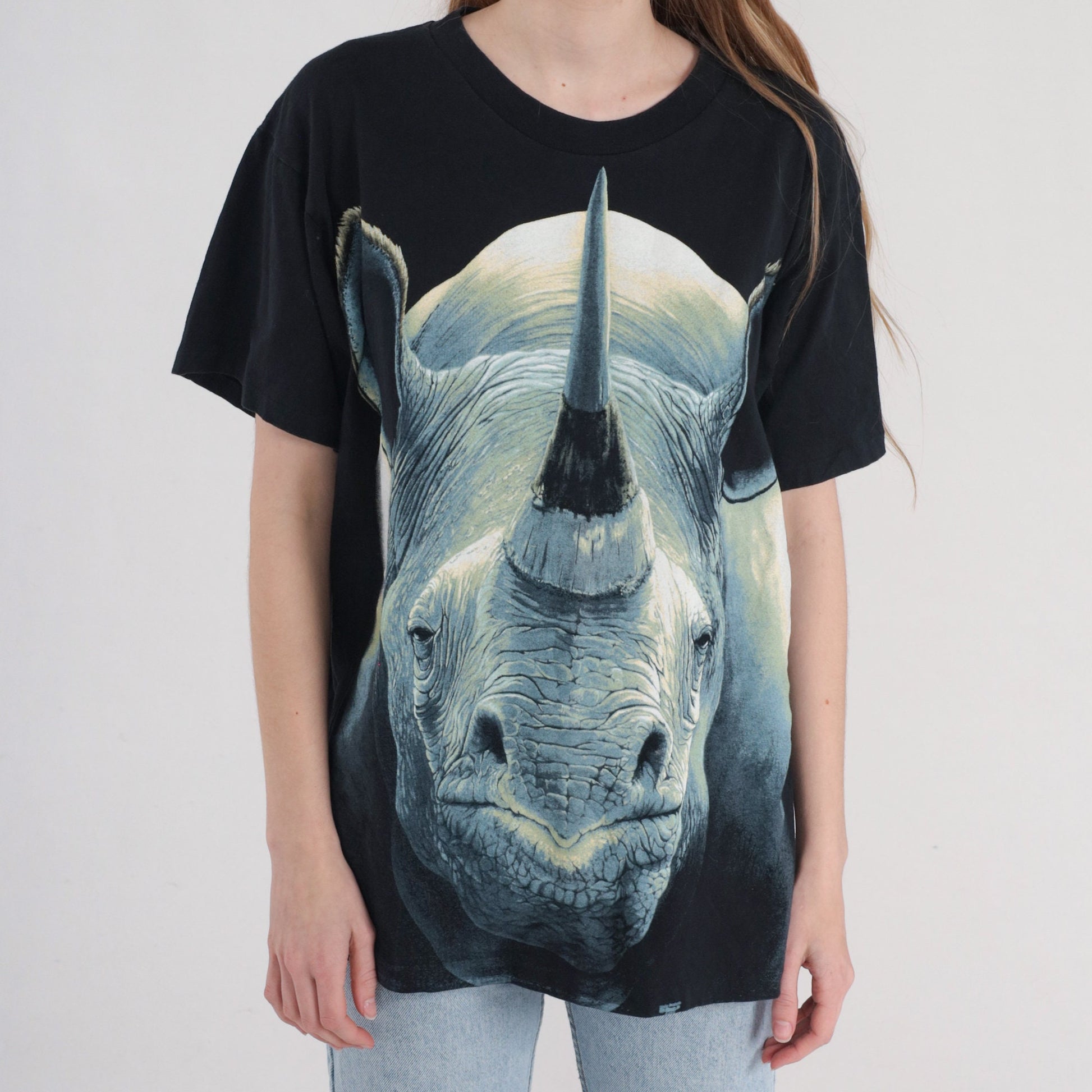 90s Rhino Animal Graphic T-Shirt Black Cotton Wildlife Print Large L