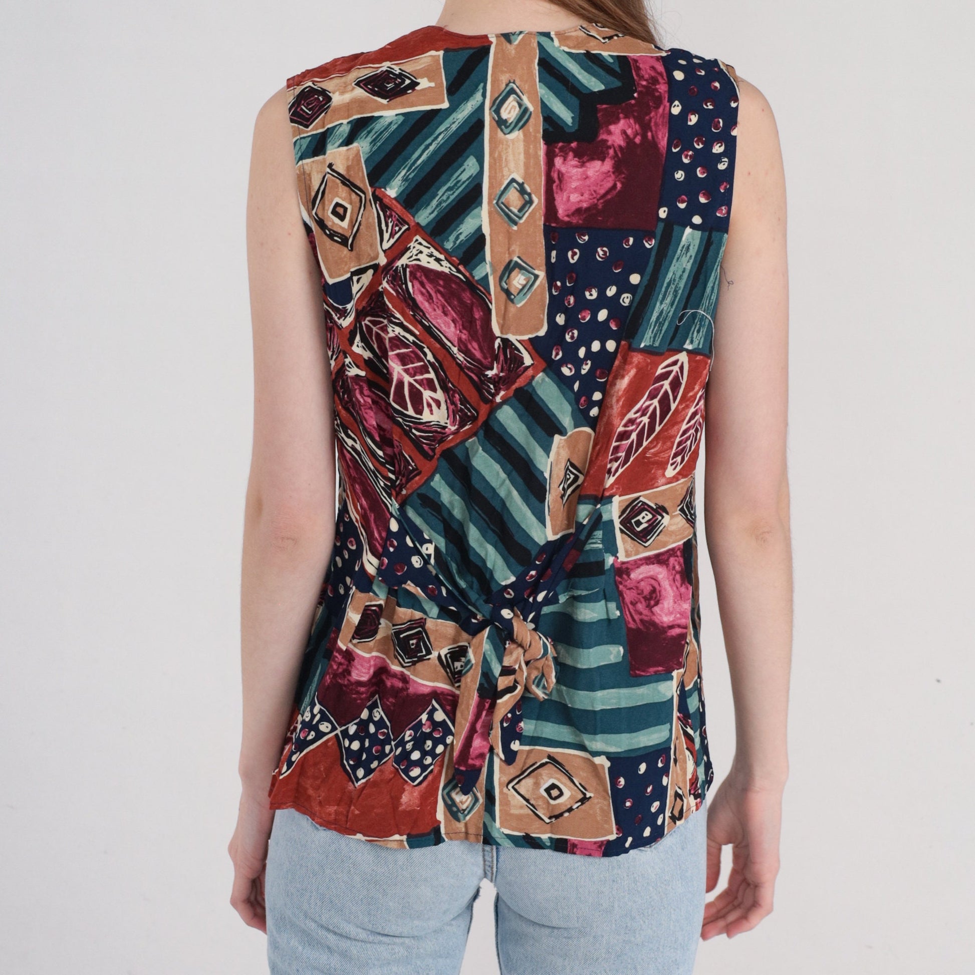 90s Abstract Print Button-Up Tank Top Sleeveless Blouse Medium