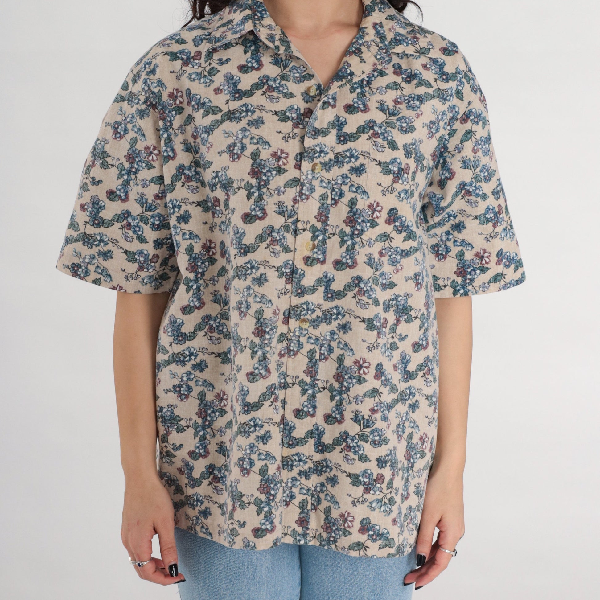 90s Beige Floral Button-Up Shirt Men's Large Short Sleeve Collared