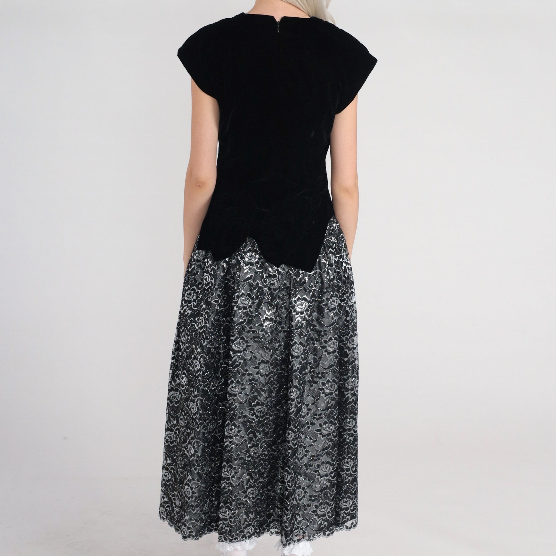 80s Black Velvet Metallic Floral Lace Maxi Dress Drop Waist Cap Sleeve Small