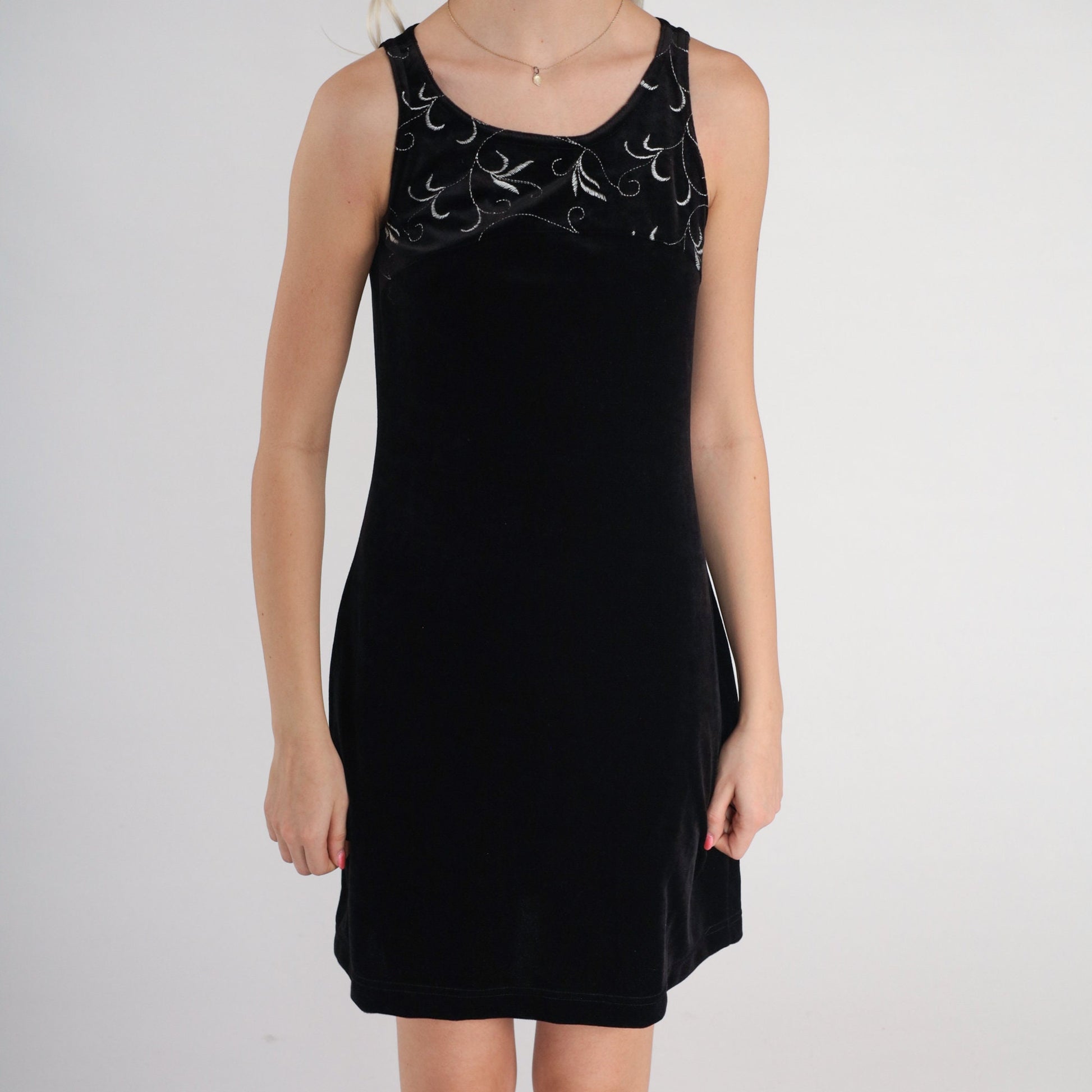 90s Black Velour Mini Dress Sleeveless Shift Vine Embroidery XS