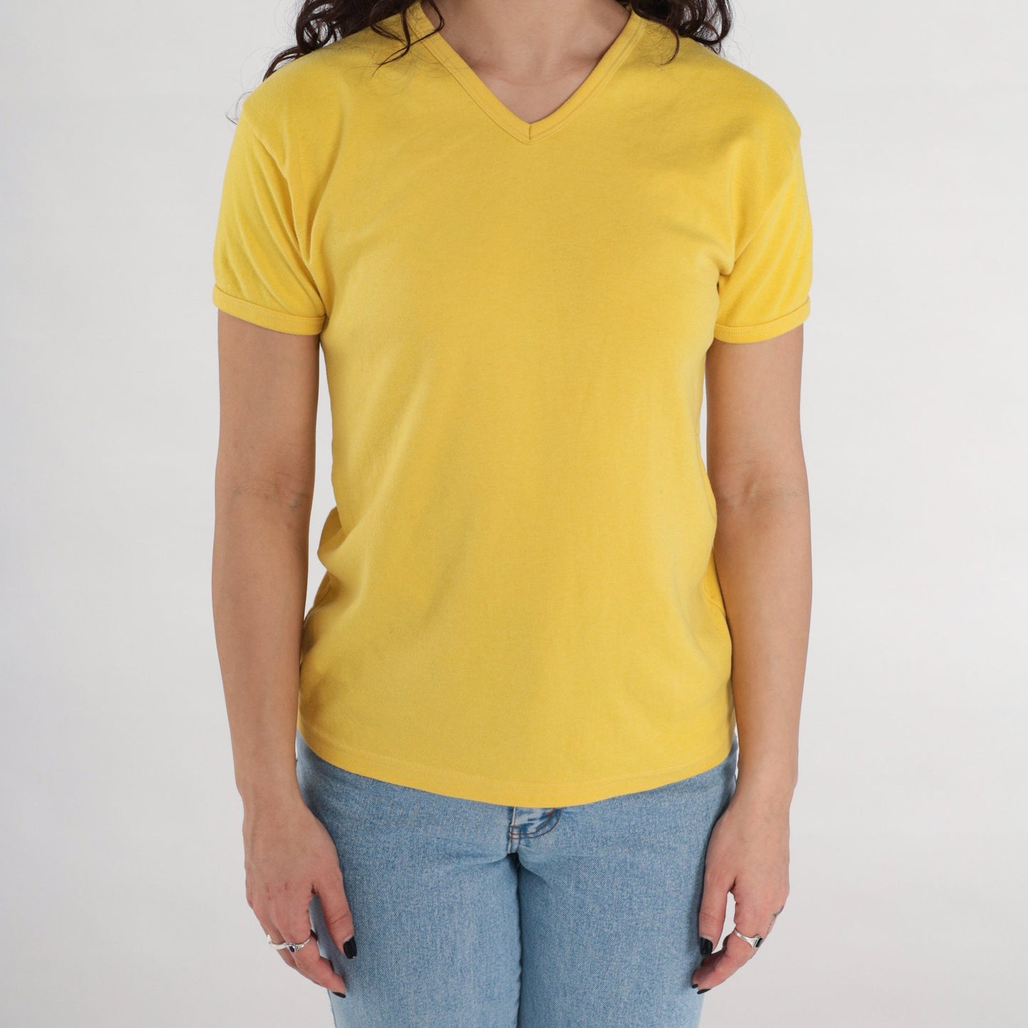 90s Yellow V-Neck T-Shirt Plain Cotton Blend Tee Small S