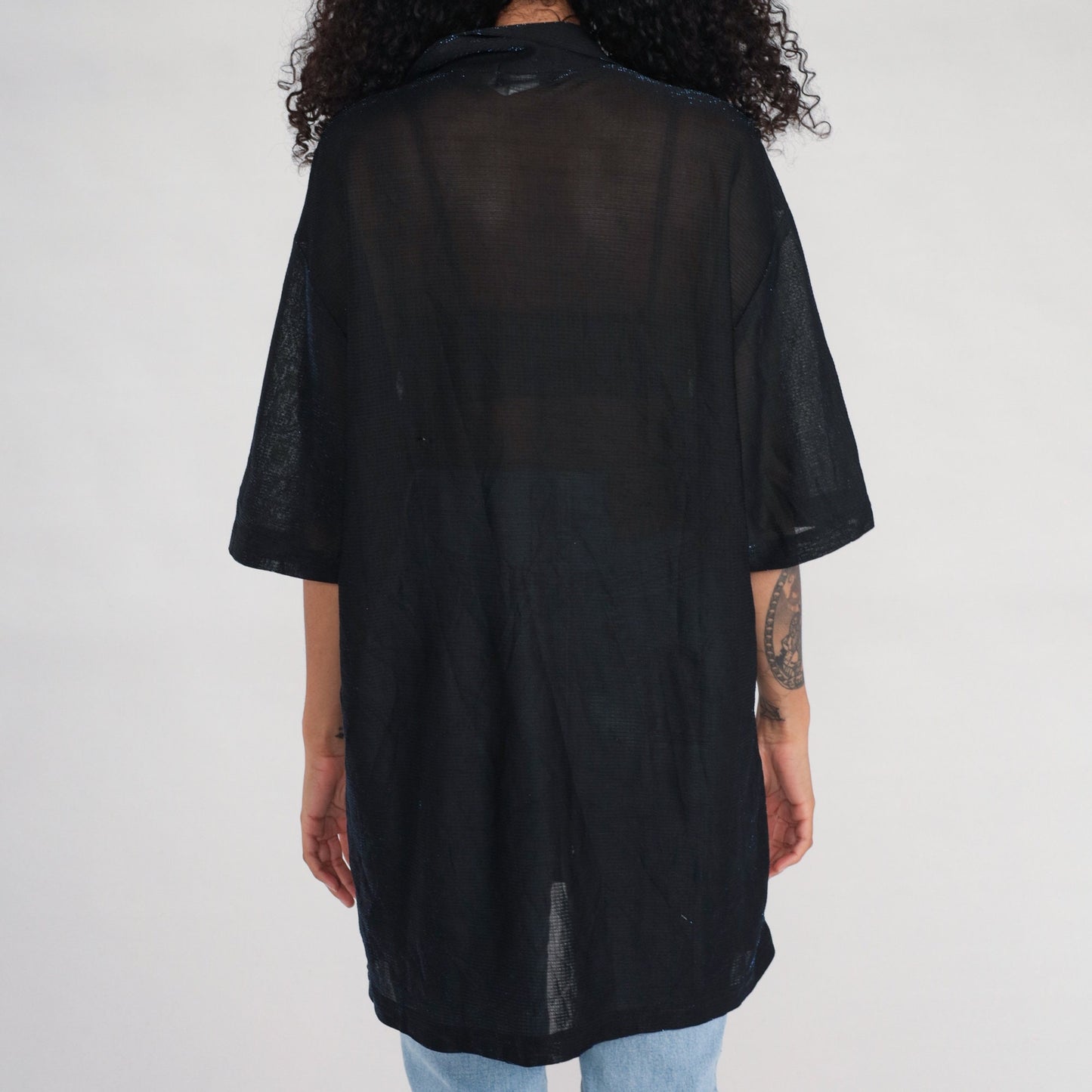 90s Metallic Blue Sparkle Sheer Black Button-Up Blouse Short Sleeve Extra Large XXL