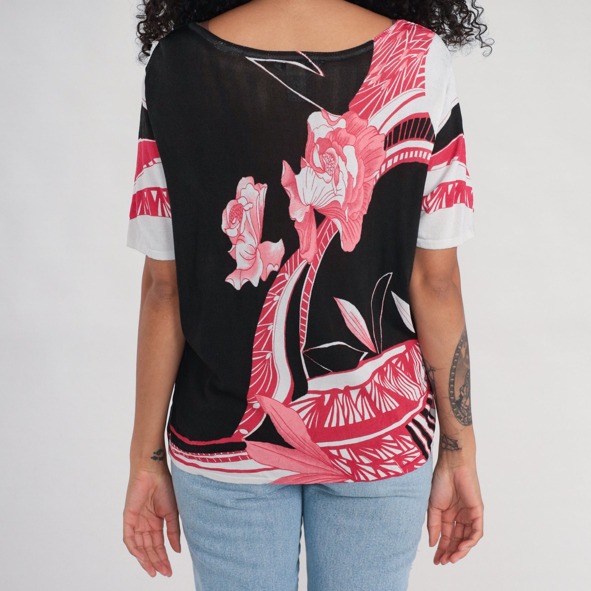 Y2K Floral Knit Shirt Black Pink Abstract Short Sleeve Extra Large