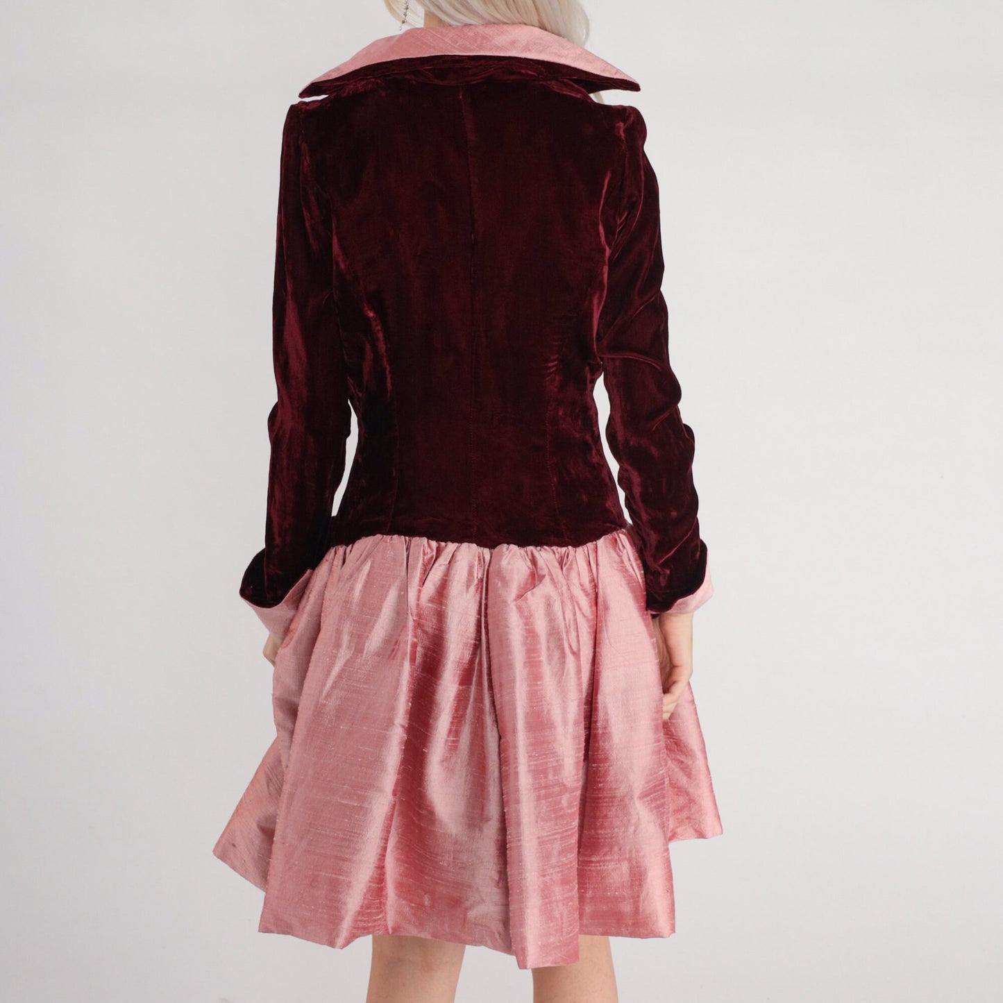 60s Red Velvet Pink Mini Dress Drop Waist Collared Long Sleeve Small S