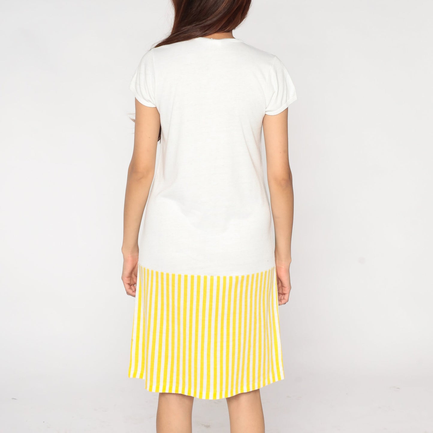 80s Rainbow Sash Striped T-Shirt Dress White Yellow Mini V-Neck Small S