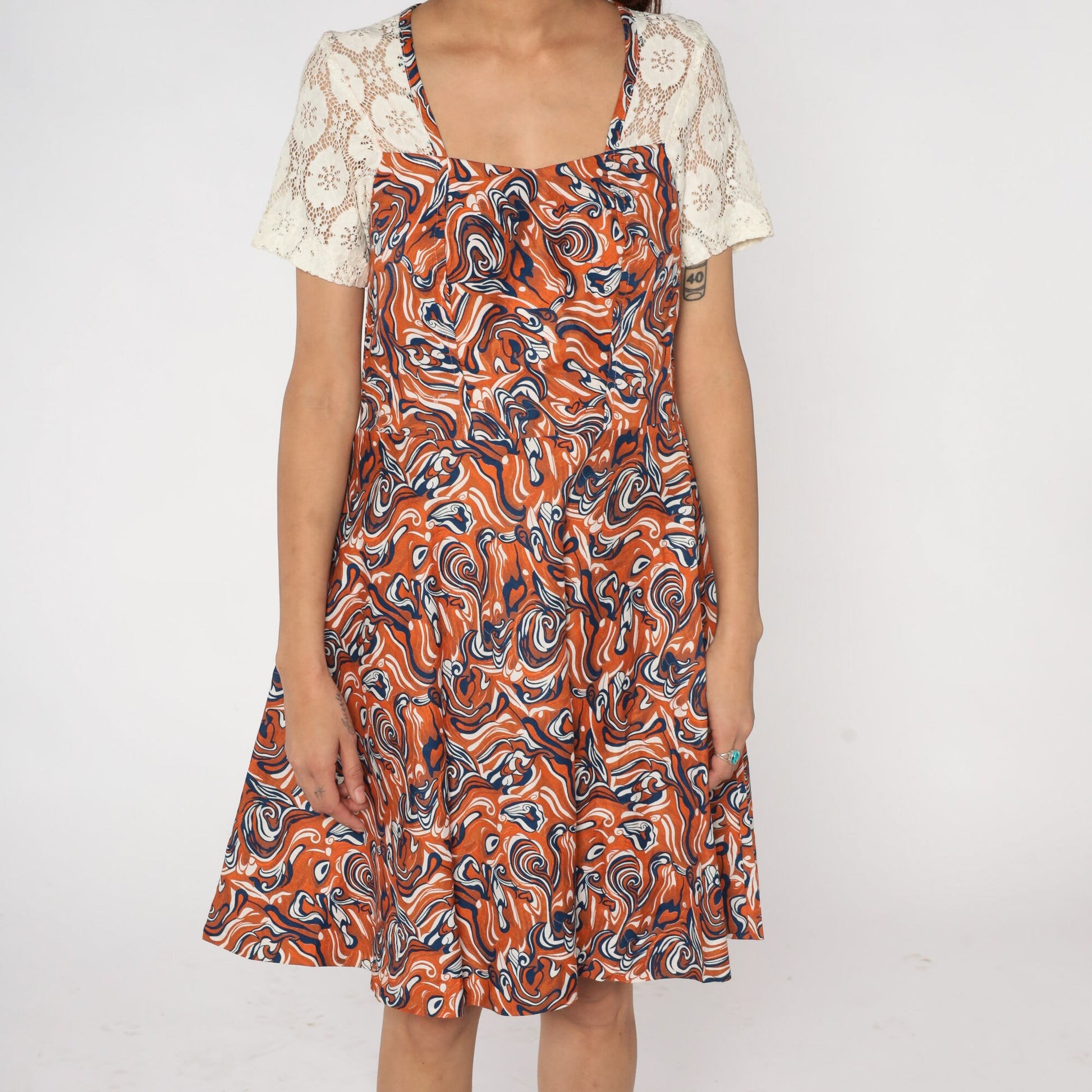80s Abstract Marble Print Mini Dress Lace Yoke High Waist Short Sleeve Small