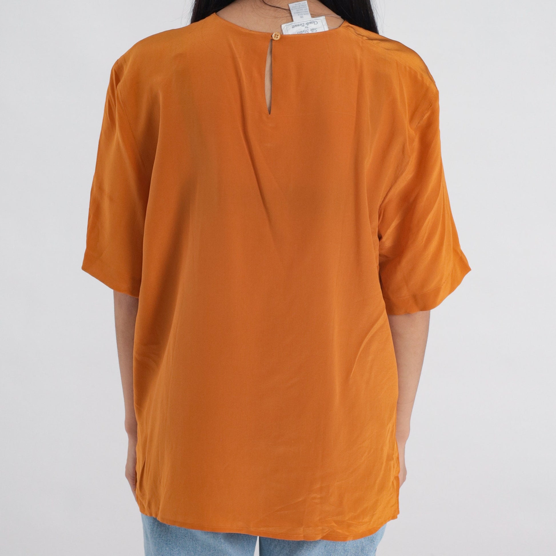 90s Orange Silk Blouse Short Sleeve Keyhole Back Vintage Top Large