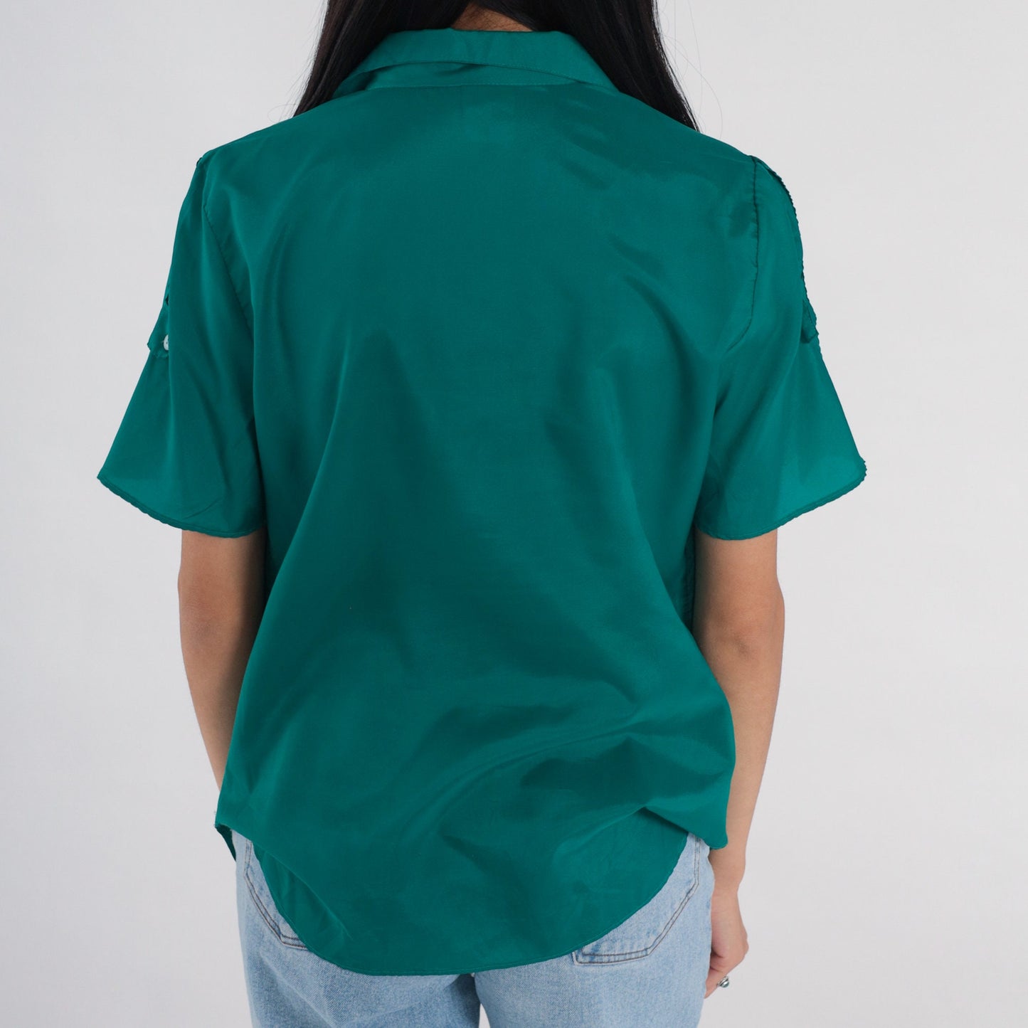 80s You Babes Green Collared Blouse Slit Sleeve V-Neck Medium Large