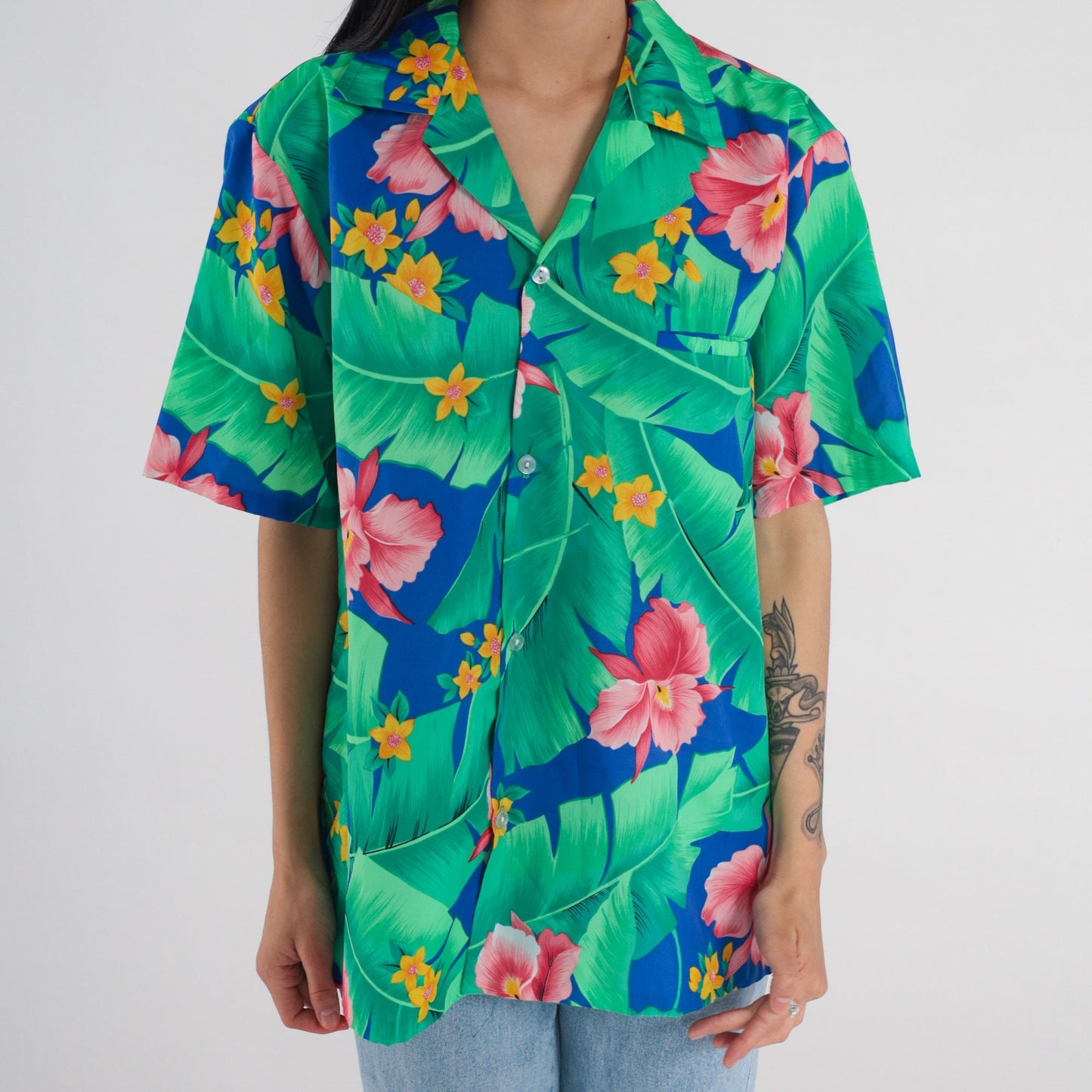 90s Tropical Floral Button Up Shirt Orchid Leaf Print Green Blue Pink Medium