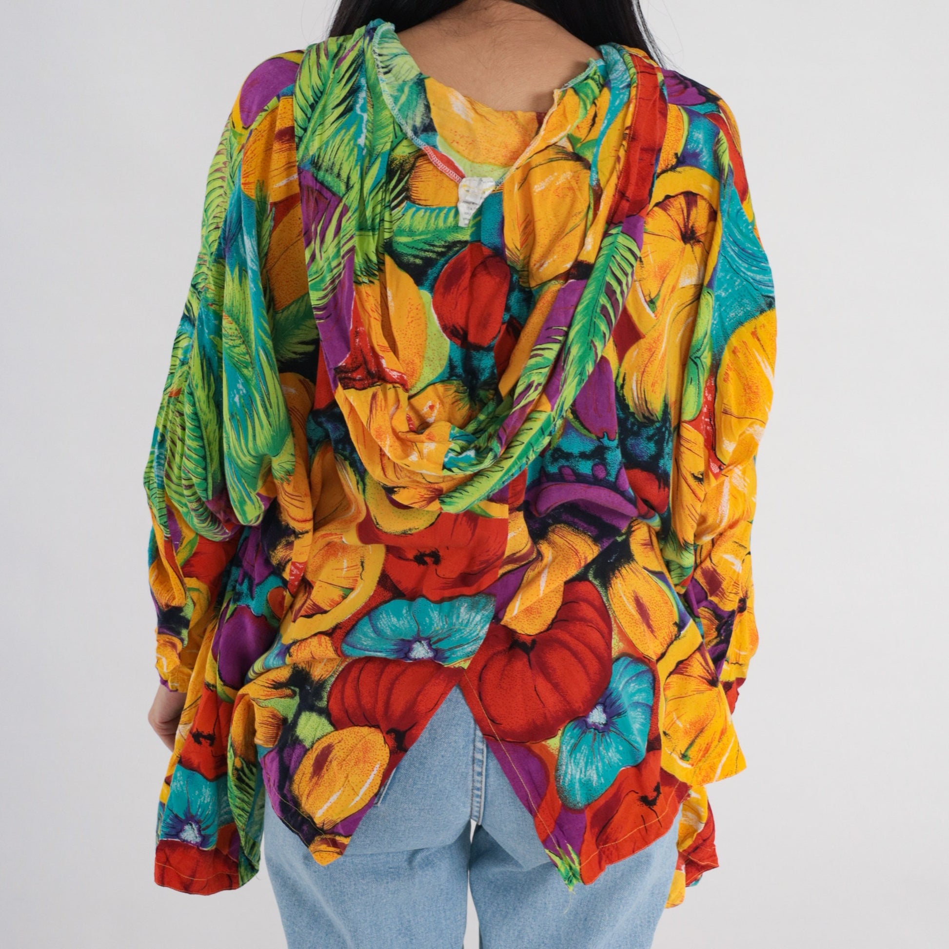 00s Fruit Print Hooded Blouse Colorful Long Sleeve High-Low Tunic One Size