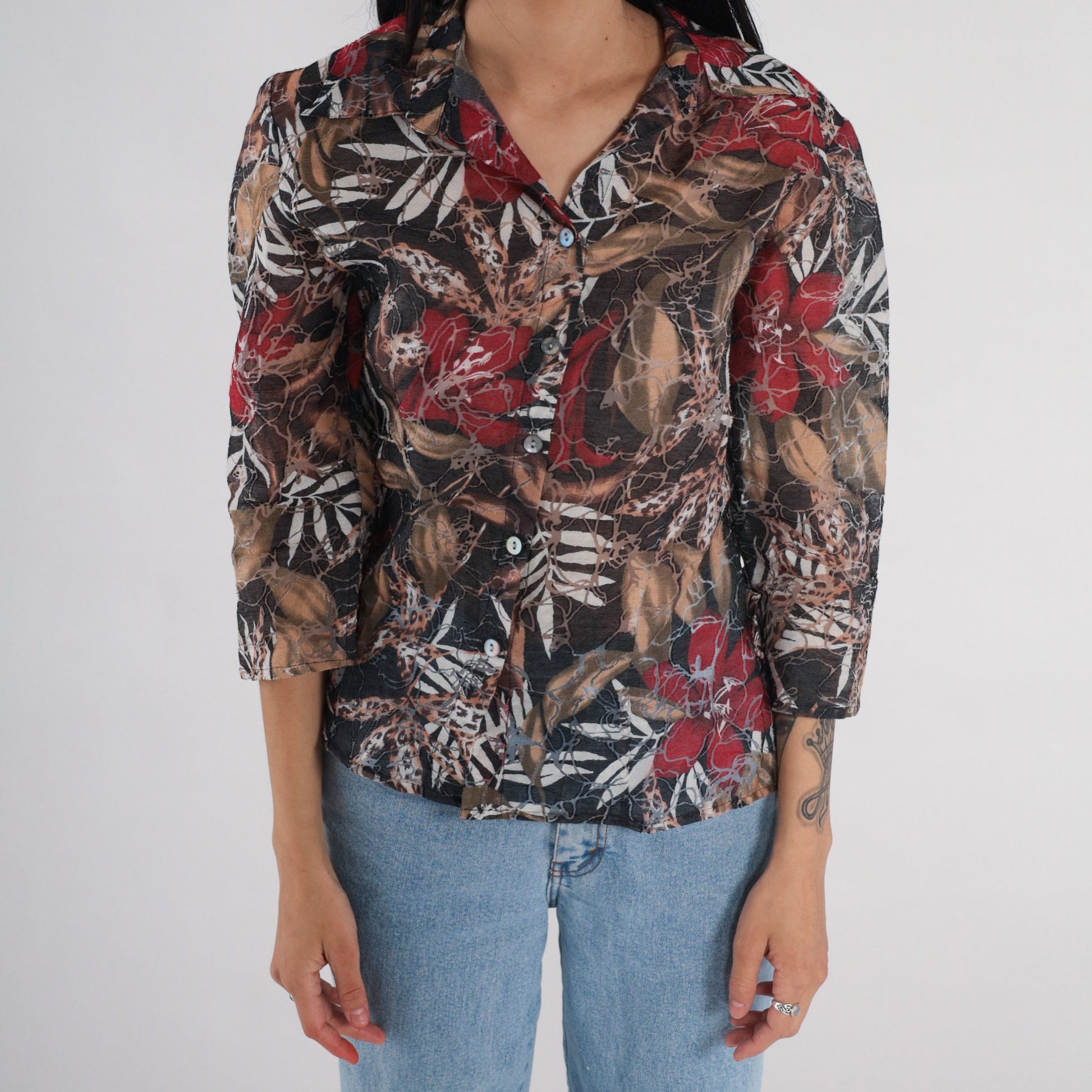 Y2K Abstract Floral Leopard Leaf Print Button-Up Blouse 3/4 Sleeve Grey Red Brown Large L