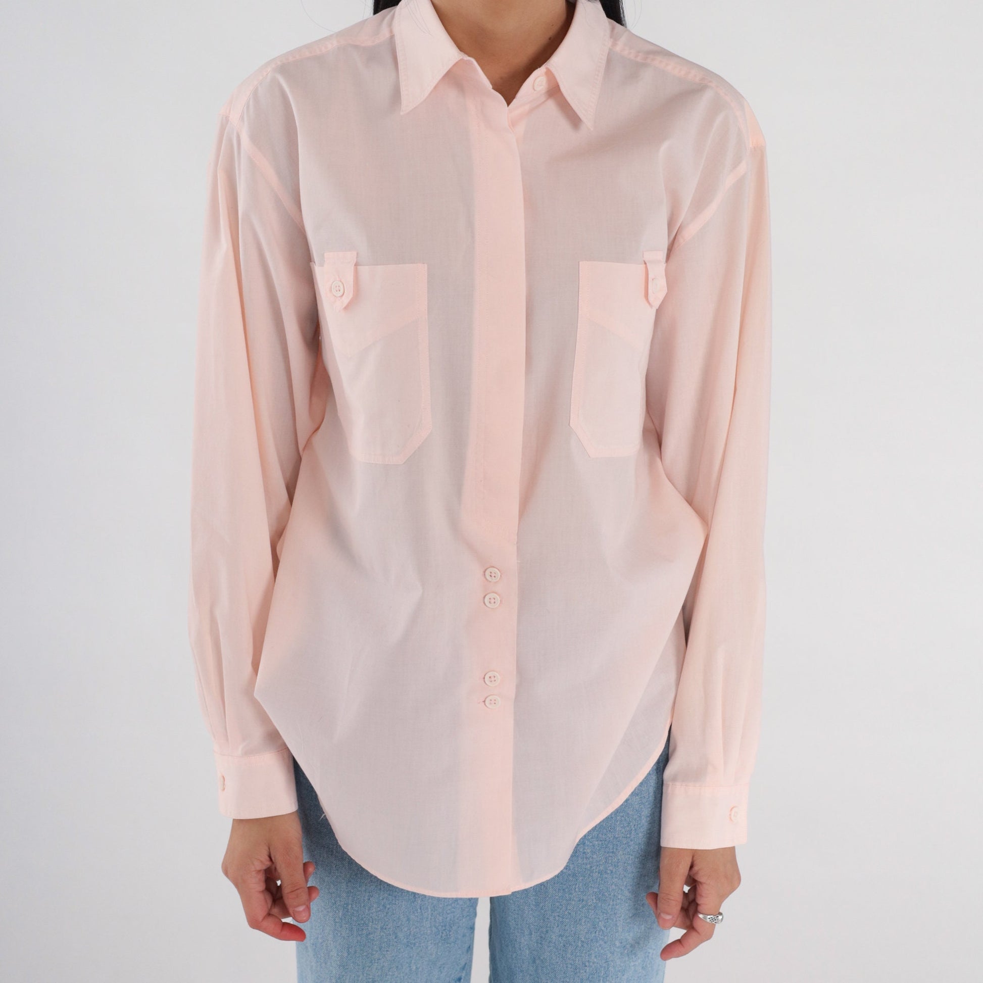 90s Baby Pink Semi-Sheer Button-Up Blouse Collared Long Sleeve Medium
