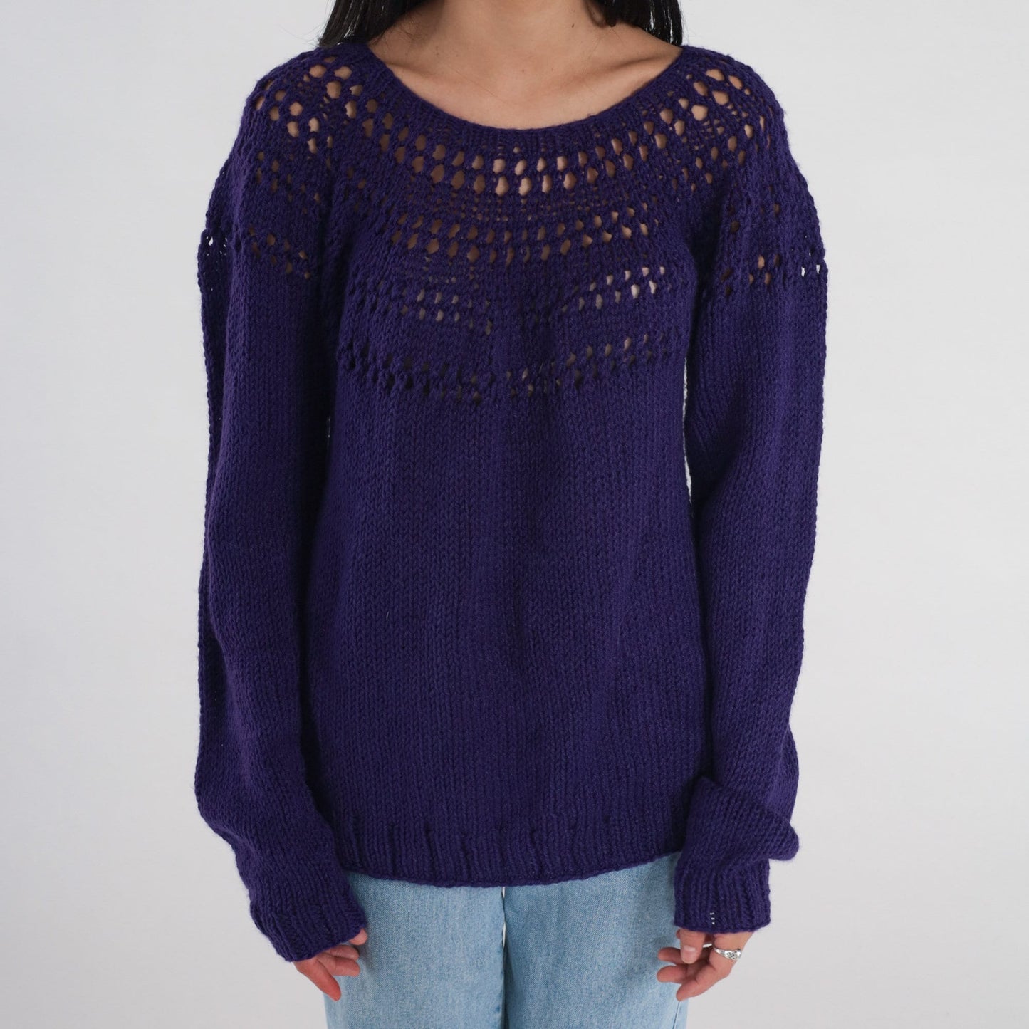 00s Purple Knit Pullover Sweater Open Weave Cutout Yoke Large L