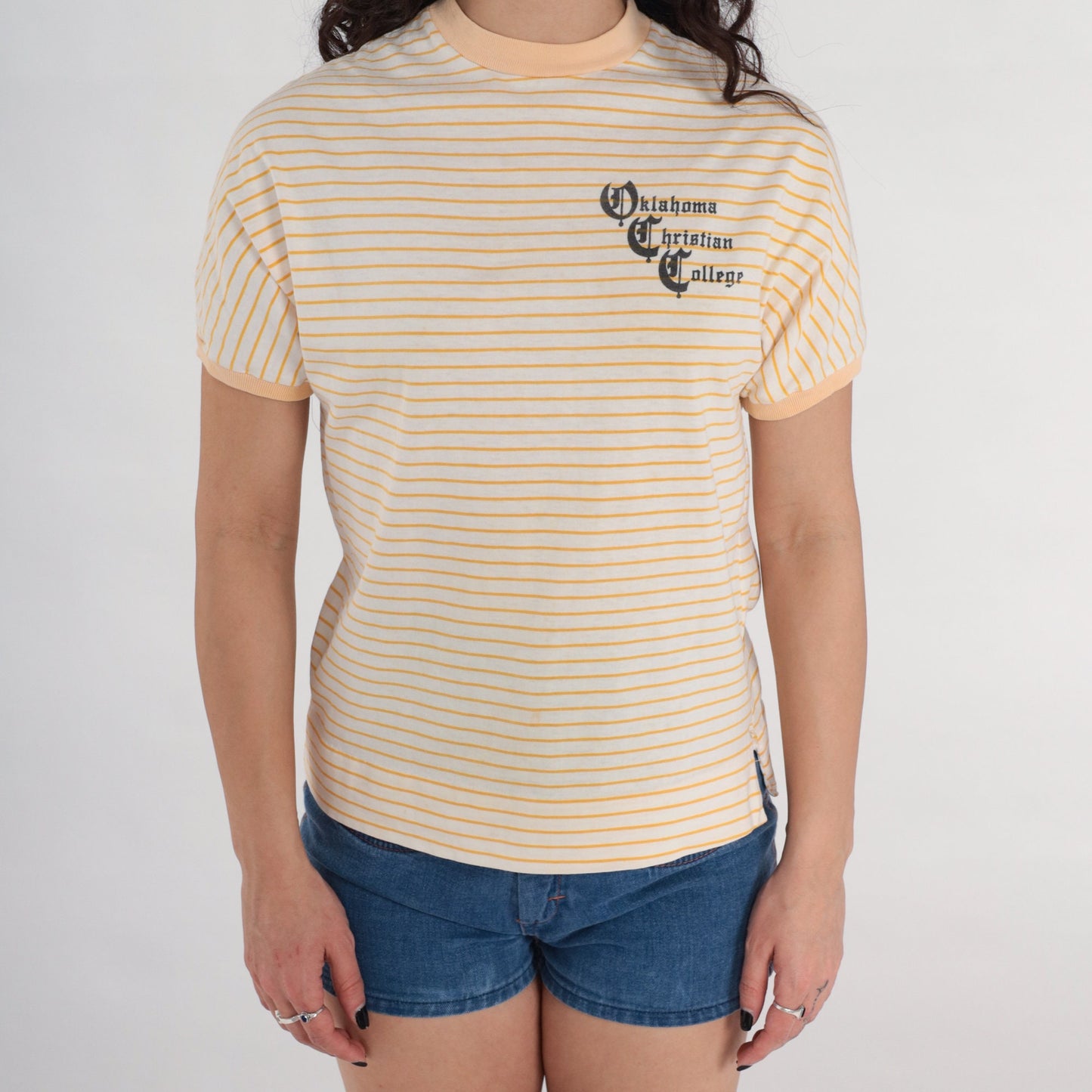 80s Oklahoma Christian College Ringer Tee White Yellow Striped Graphic Small