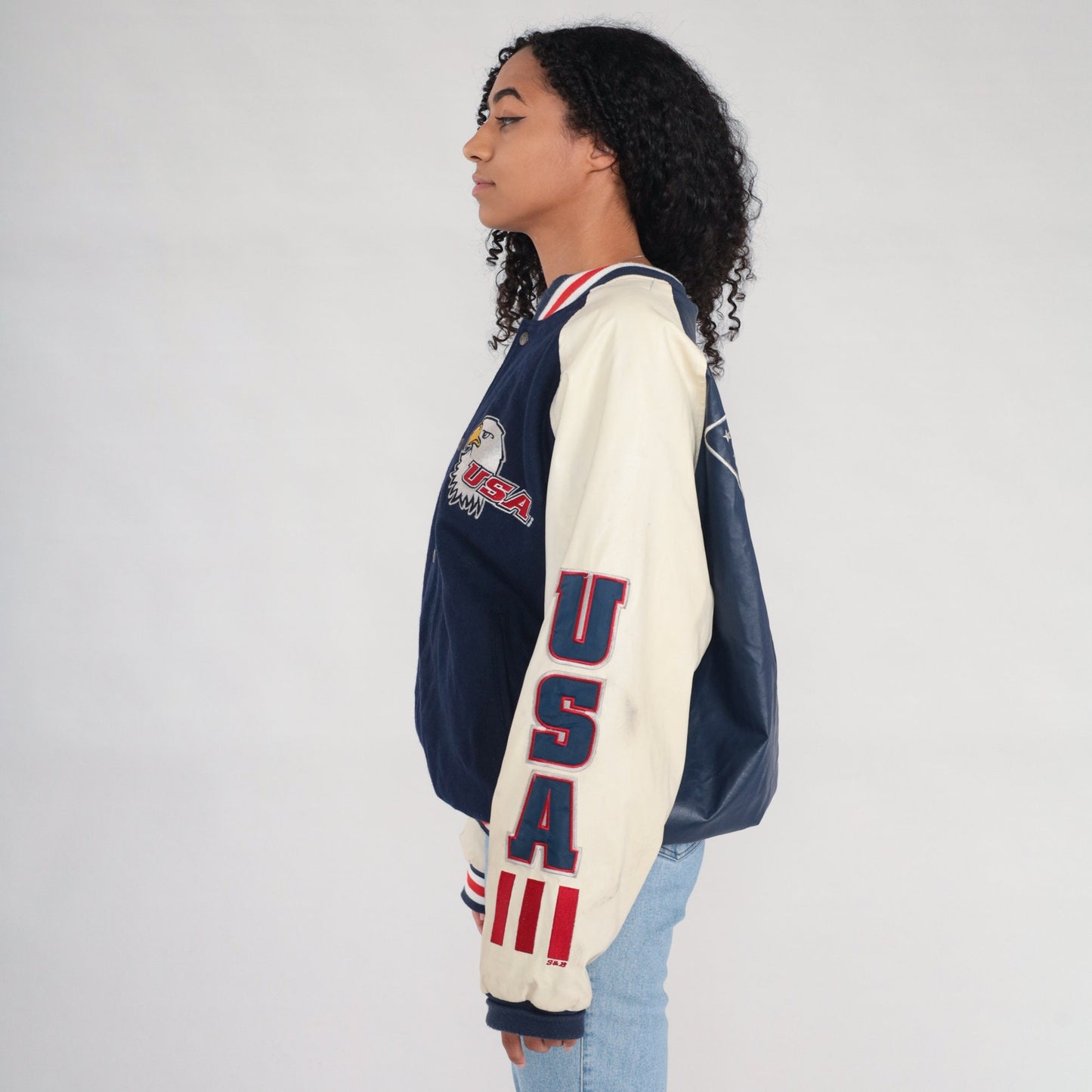 00s Steve & Barry's Eagle USA Bomber Jacket Navy Wool Large
