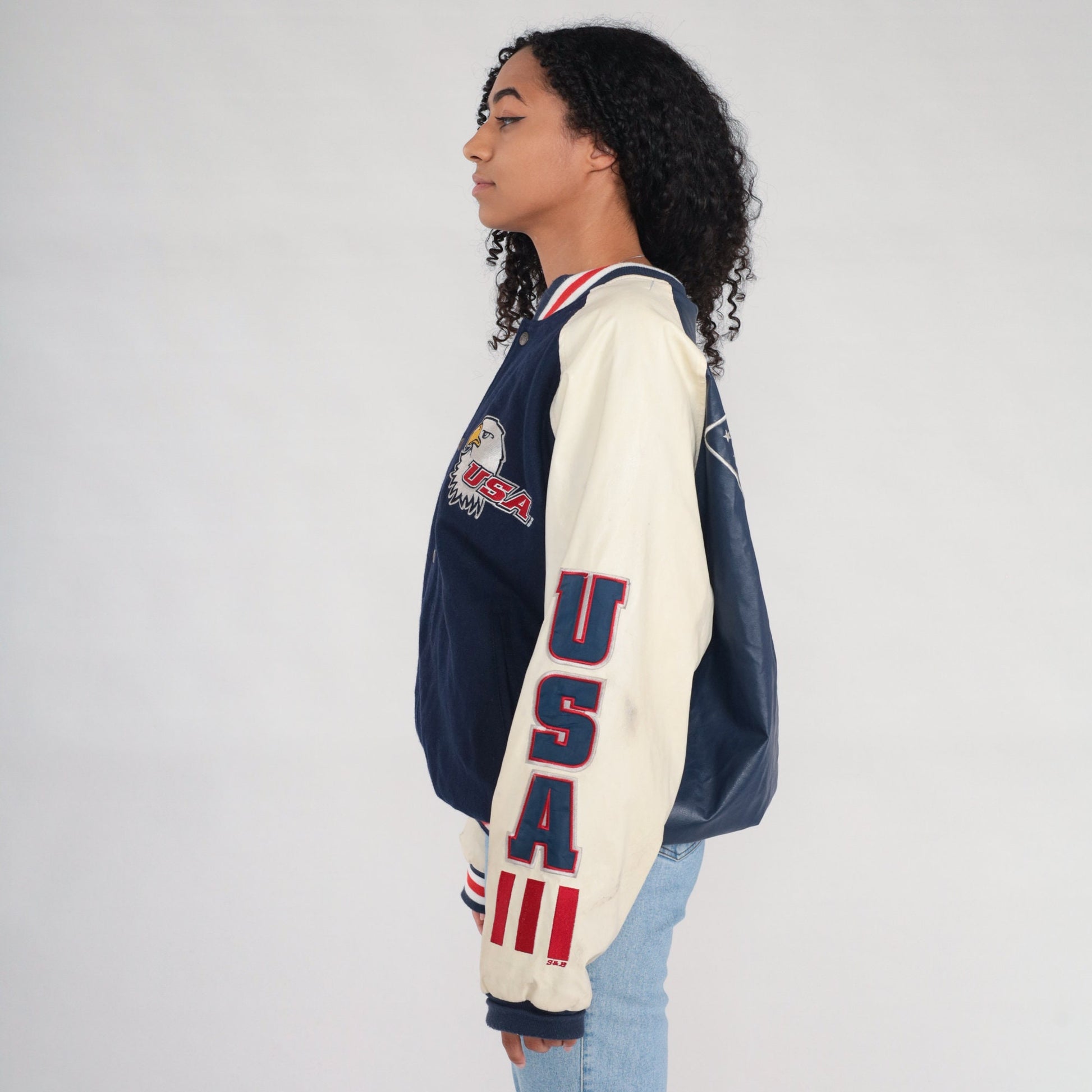 00s Steve & Barry's Eagle USA Bomber Jacket Navy Wool Large