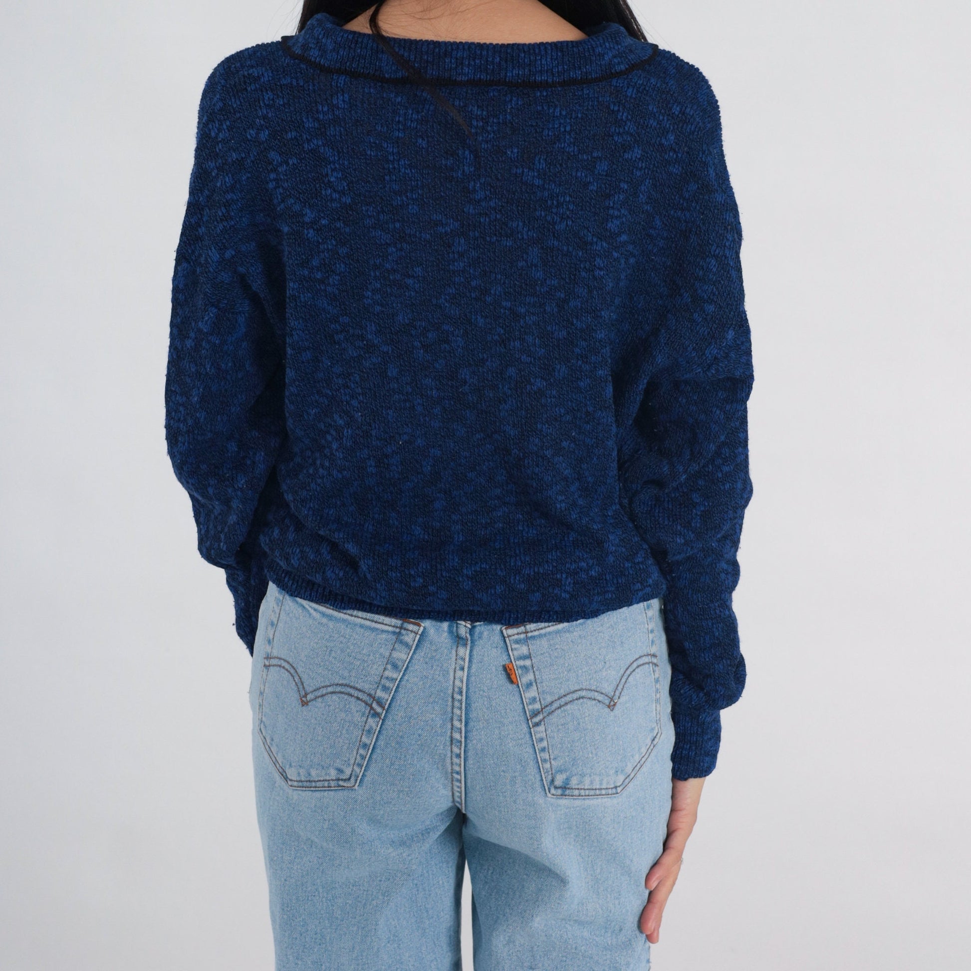 80s Dark Blue Flecked Knit Collared Sweater Quarter Button Pullover Medium Large