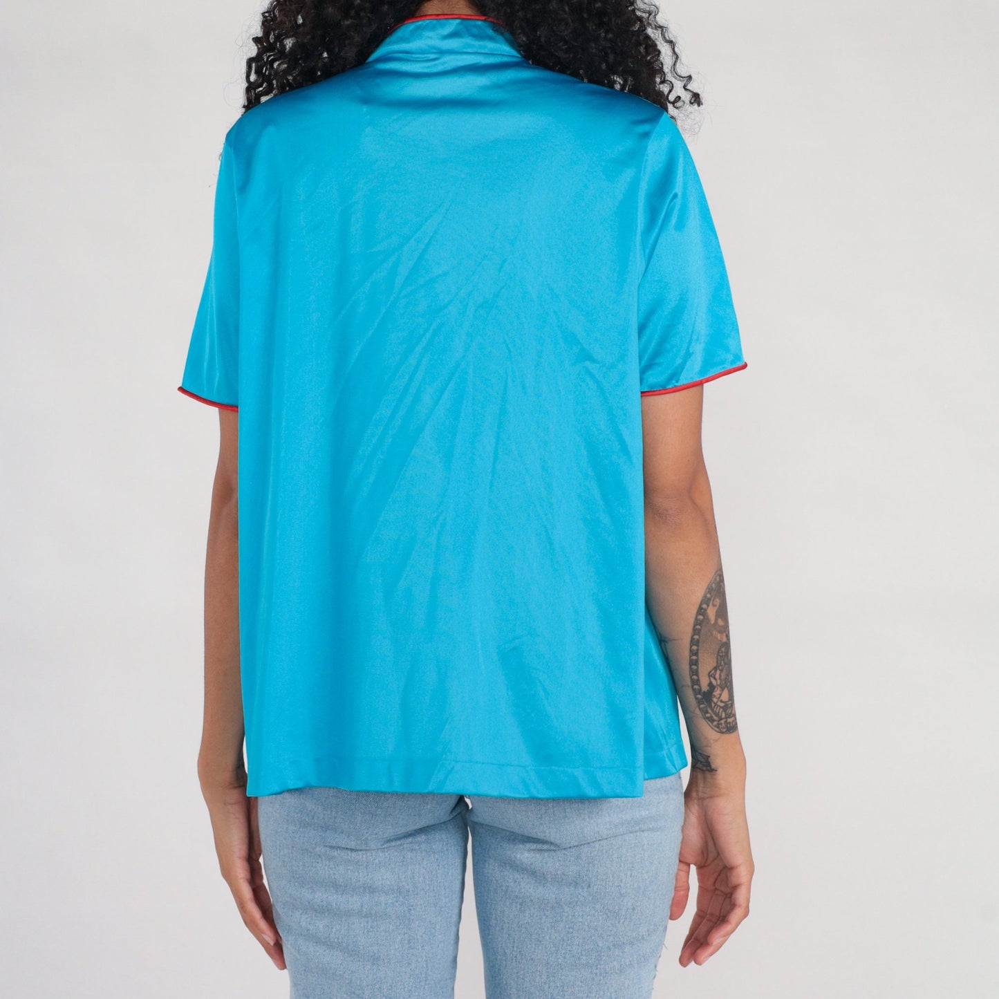 80s Turquoise Nylon Pajama Top Embroidered Floral Button-Up Shirt Large L