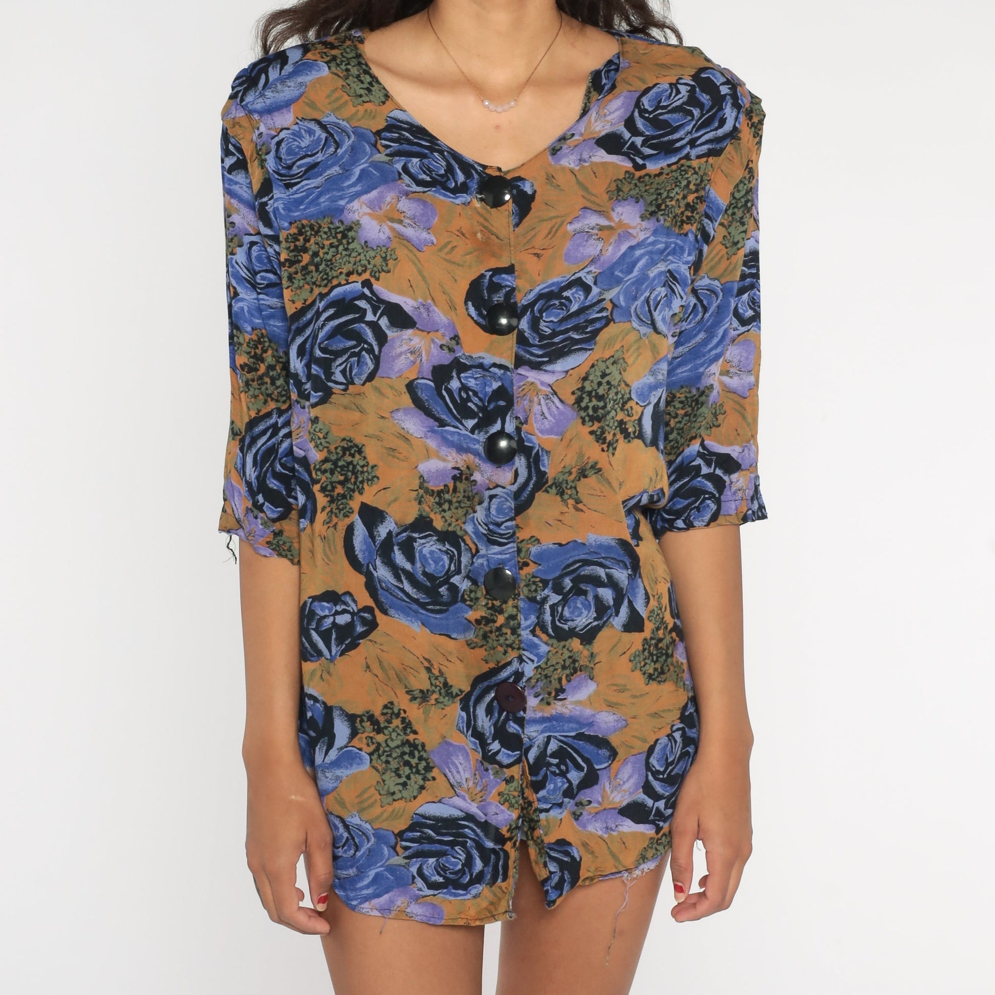 90s Floral Button Up Blouse Purple Brown Rose Print Pleated 3/4 Sleeve Extra Large