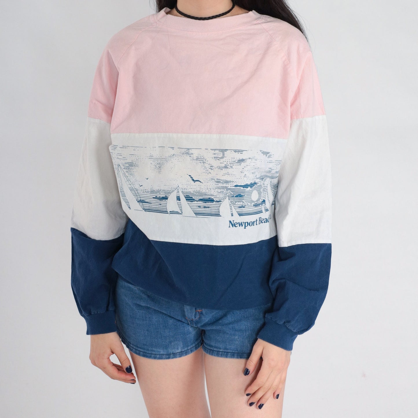 80s Newport Beach Sailboat Sweatshirt Pink White Blue Striped Raglan Medium