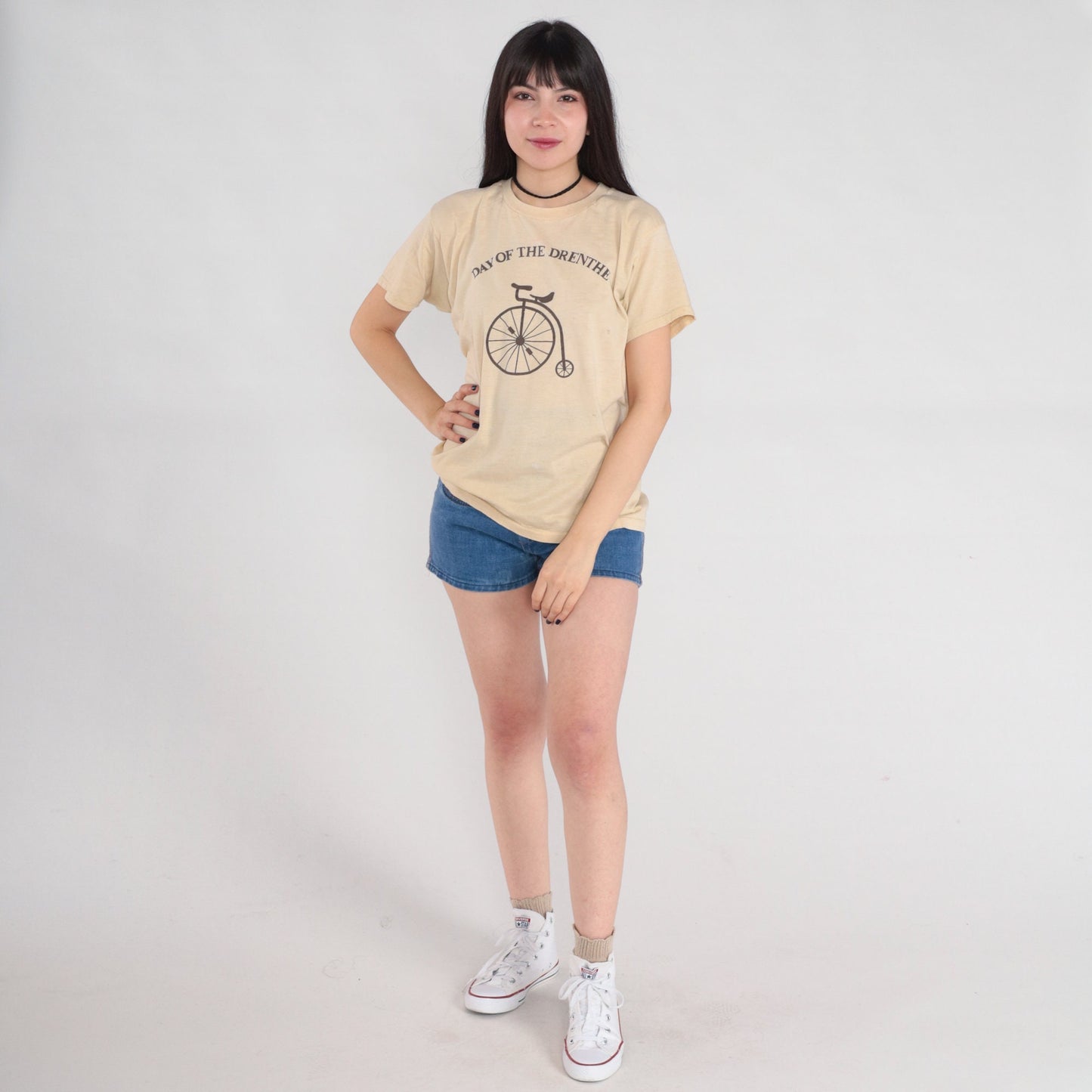 80s Day of the Drenthe Cycling Graphic T-Shirt Penny-Farthing Tan Single Stitch Small
