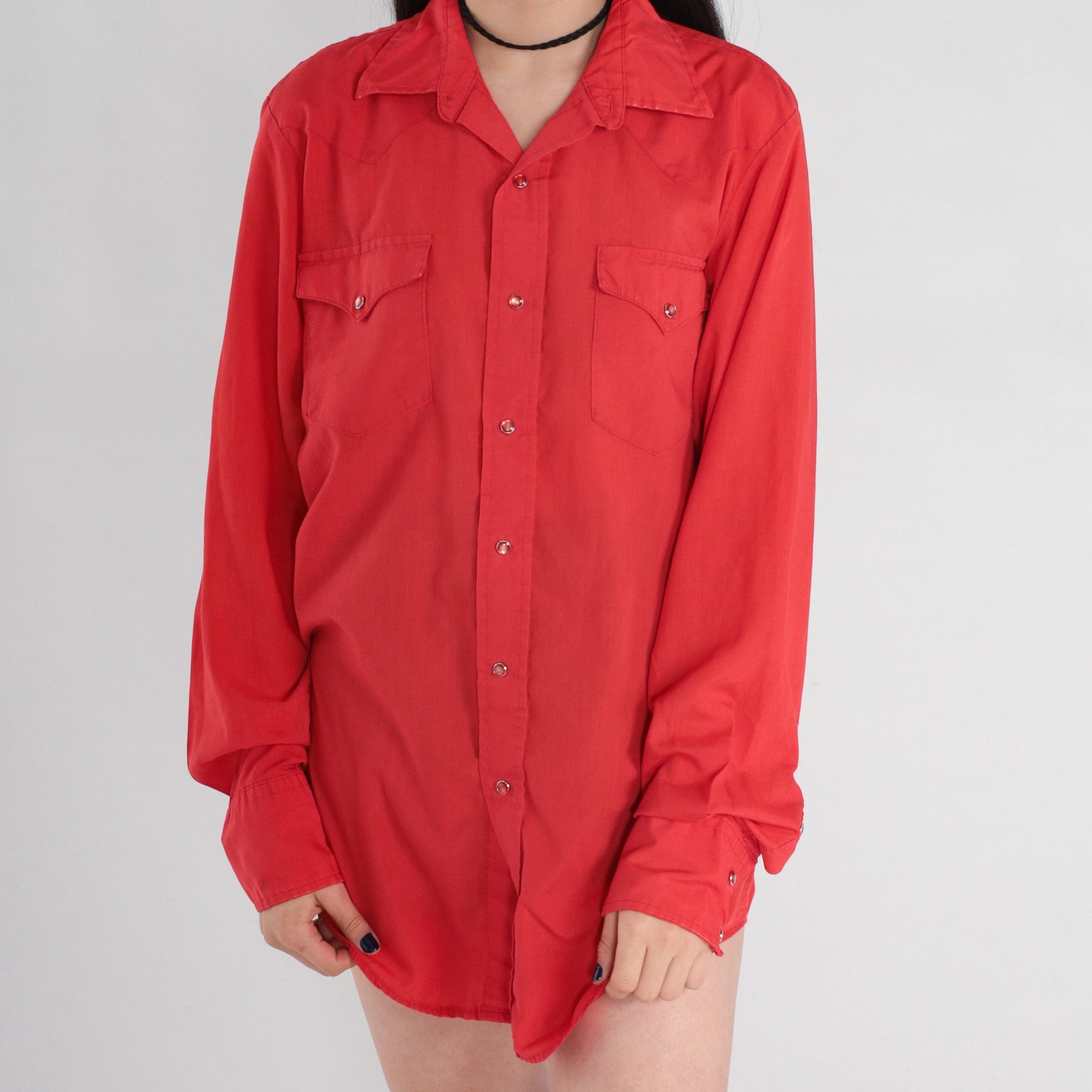80s Carman Red Pearl Snap Western Shirt Long Sleeve Medium