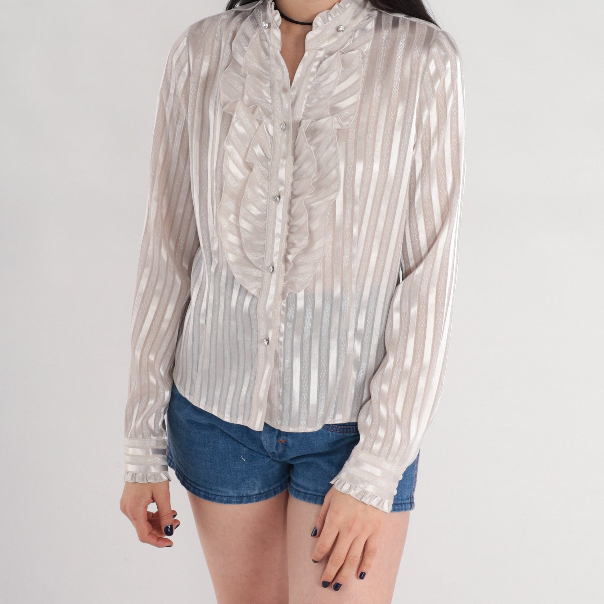Y2K White Striped Tuxedo Ruffle Blouse Rhinestone Buttons High Neck Medium