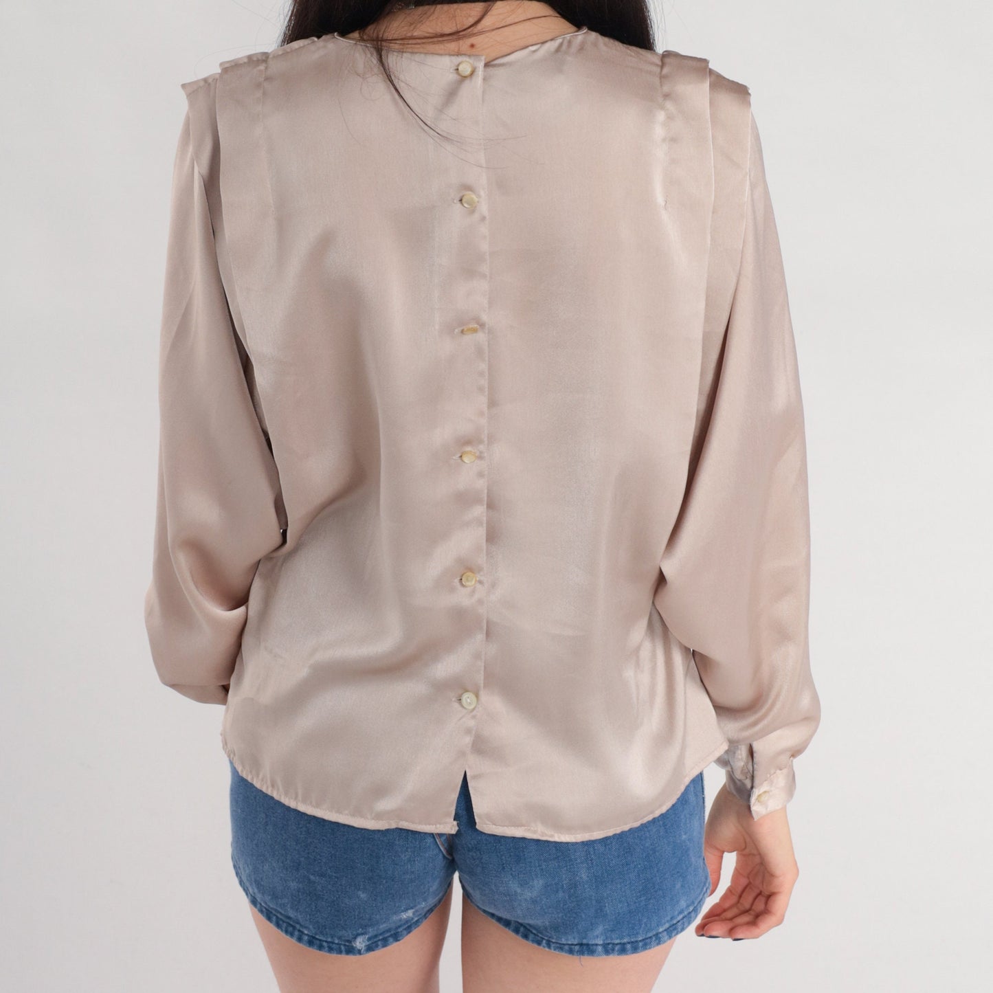 80s Champagne Pleated Blouse Long Sleeve Button Back Shiny Top Small