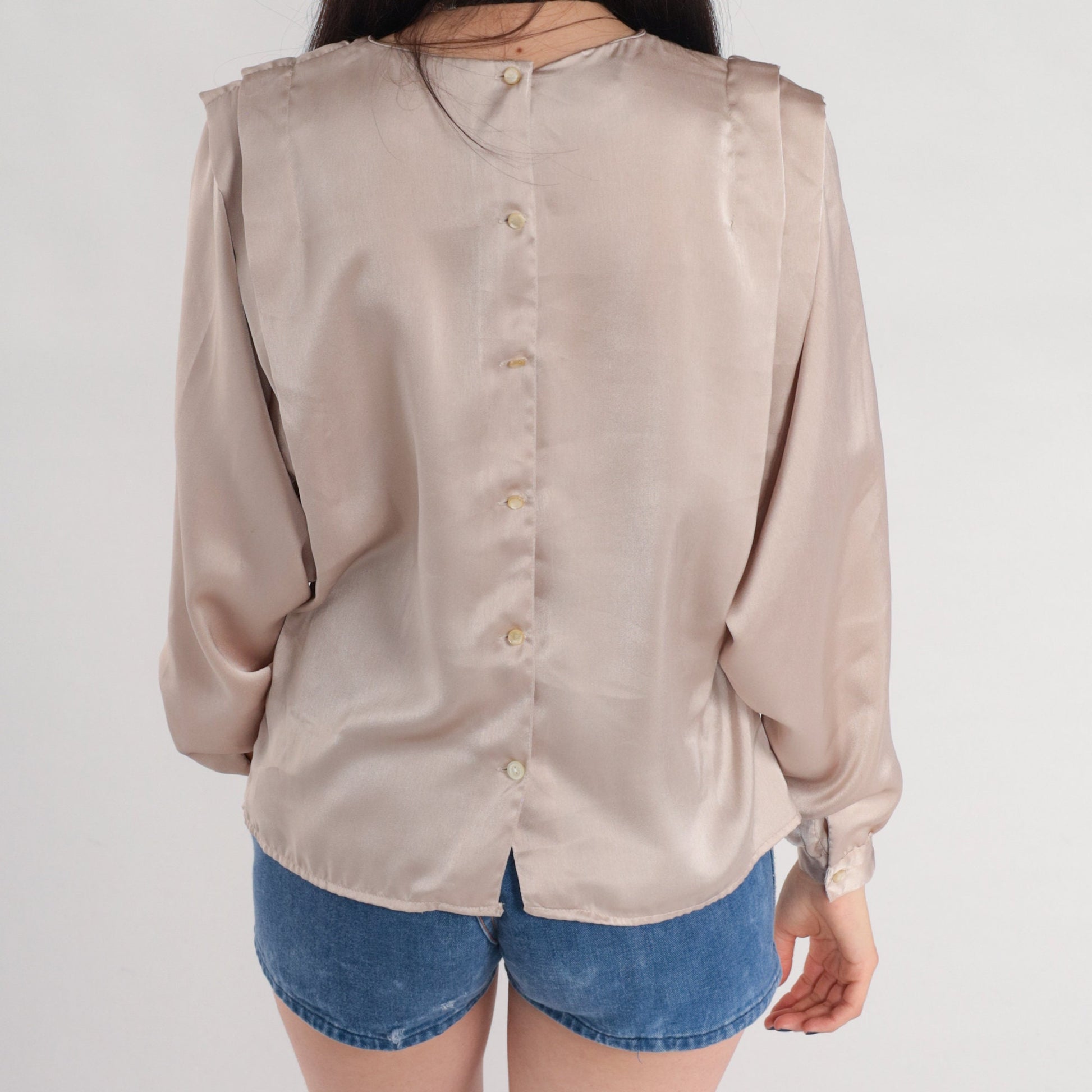 80s Champagne Pleated Blouse Long Sleeve Button Back Shiny Top Small