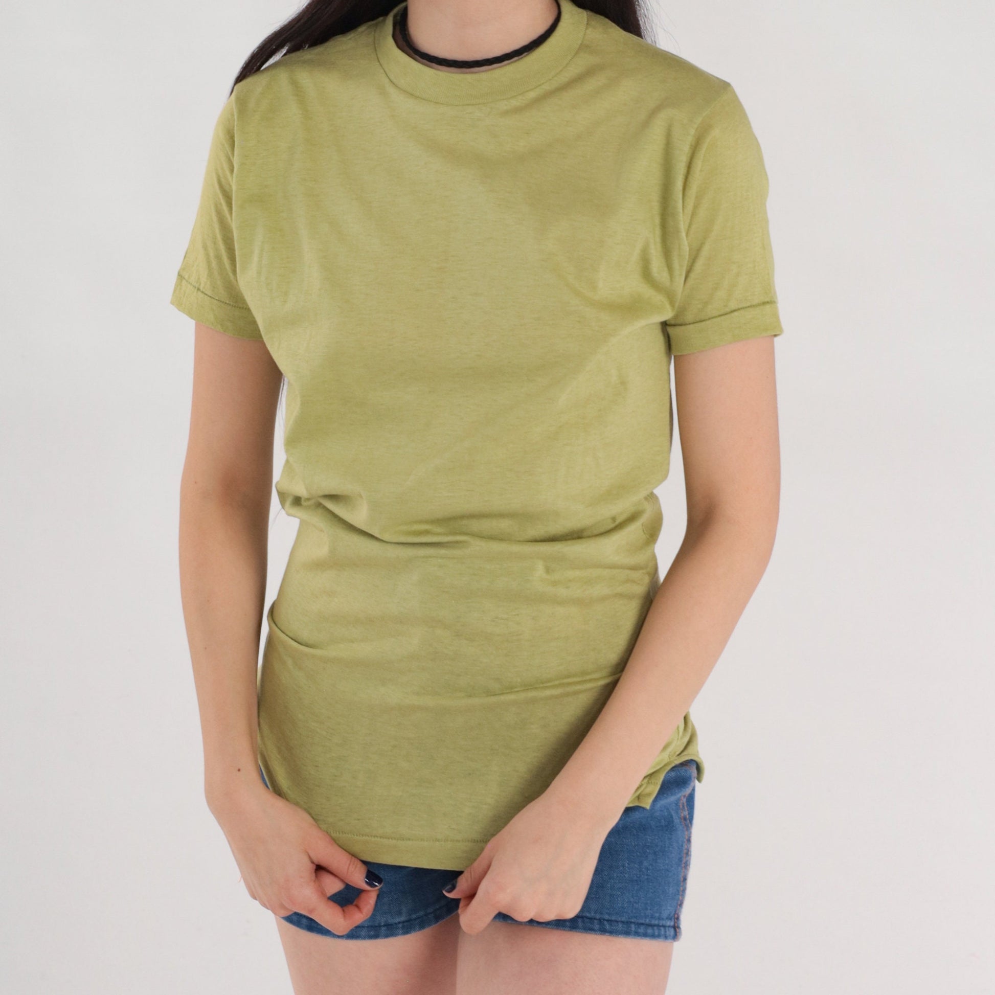 80s Green Cotton T-Shirt Single Stitch Crew Neck Plain Tee Medium M