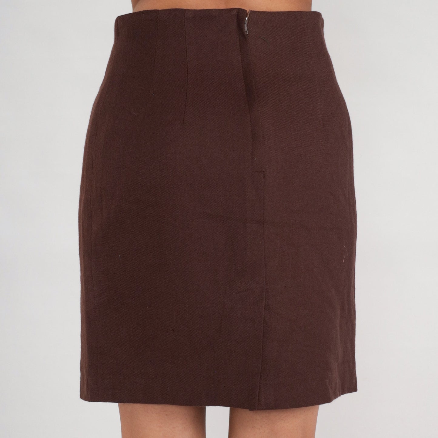 70s Brown Wool Pencil Skirt High Waist Rear Zip Small