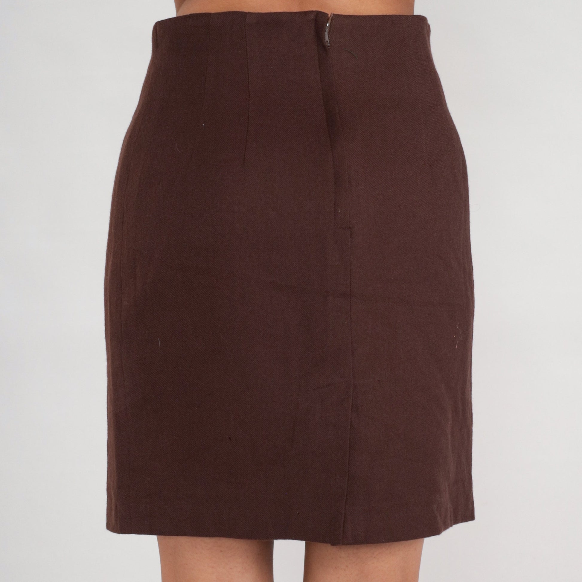 70s Brown Wool Pencil Skirt High Waist Rear Zip Small