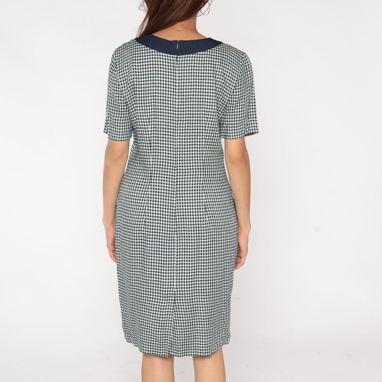 90s Gingham Shift Dress White Navy Checkered Mini Pocket Short Sleeve Medium