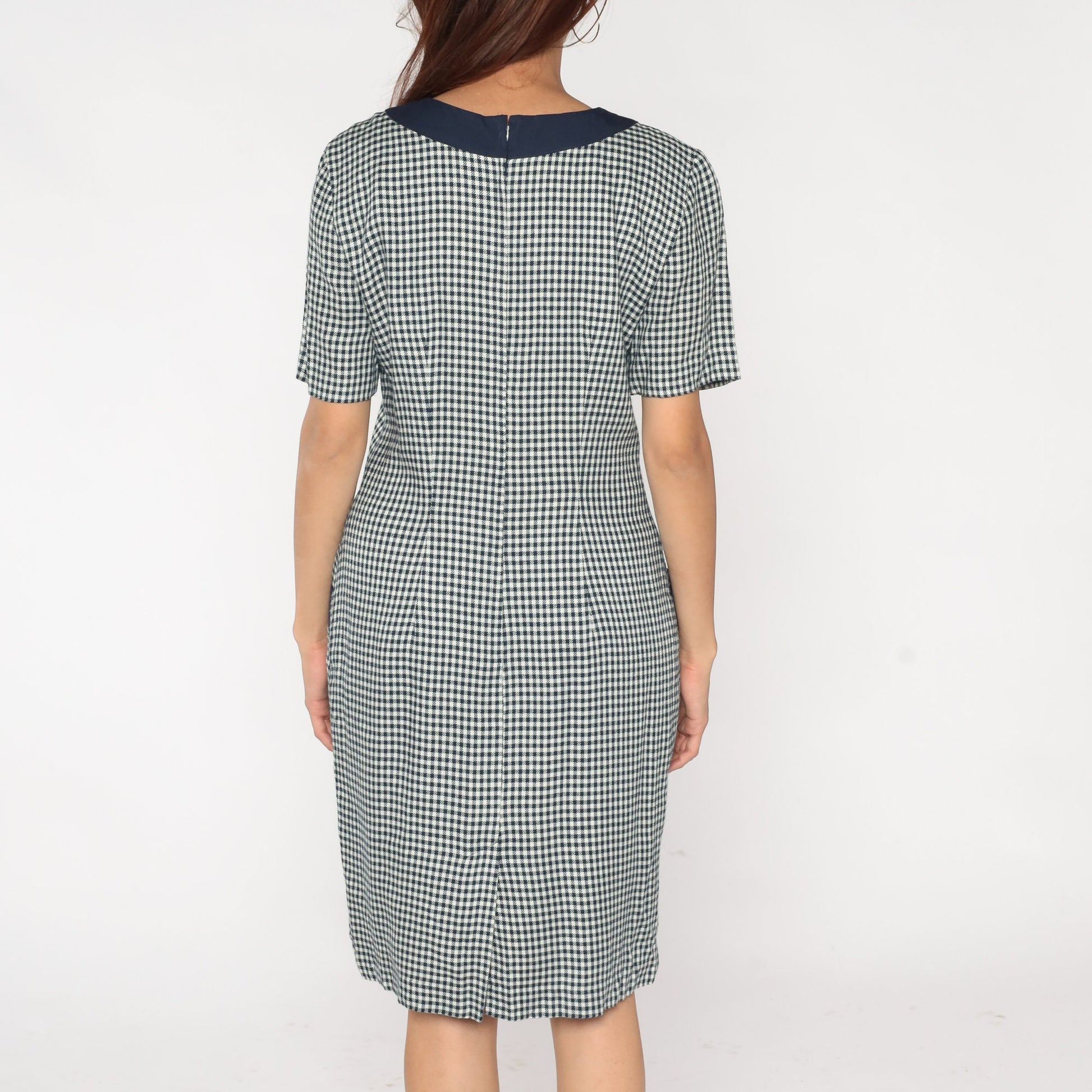 90s Gingham Shift Dress White Navy Checkered Mini Pocket Short Sleeve Medium