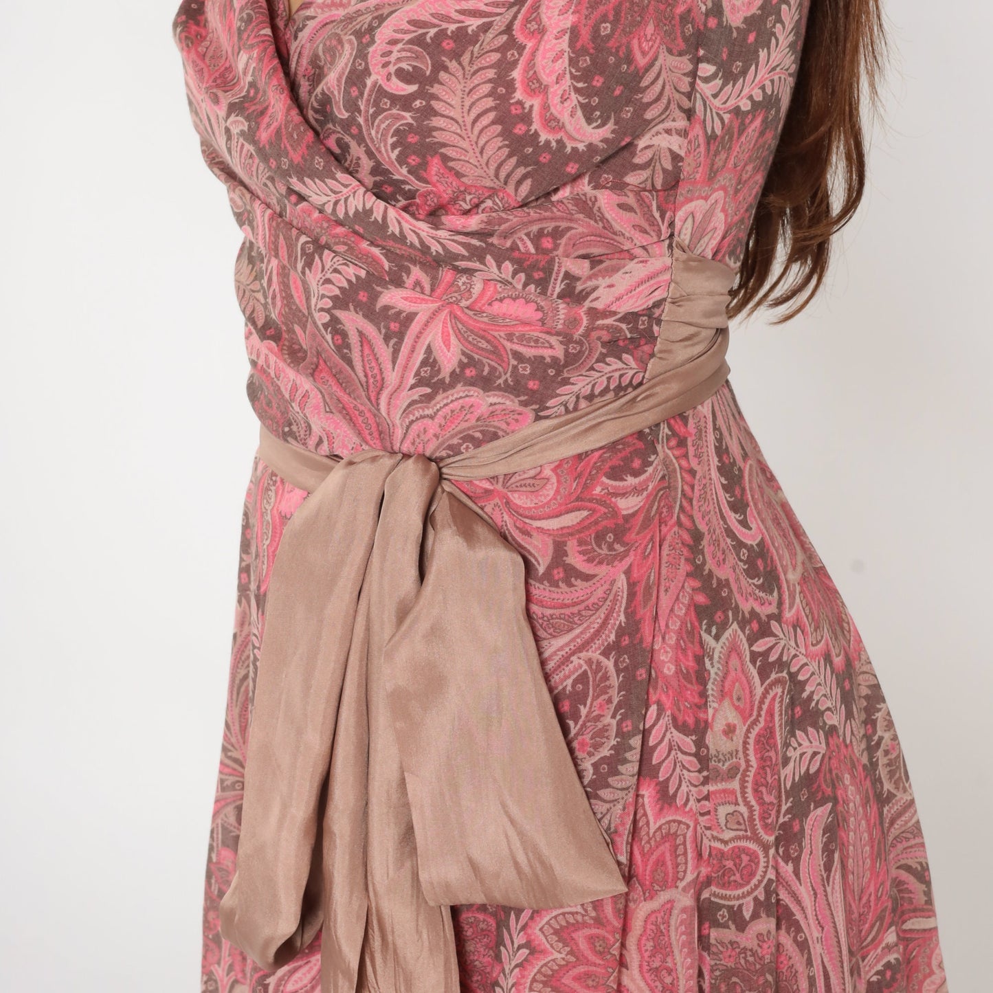 Y2K Pink Indian Floral Wrap Dress Spaghetti Strap V Neck Knee Length Small
