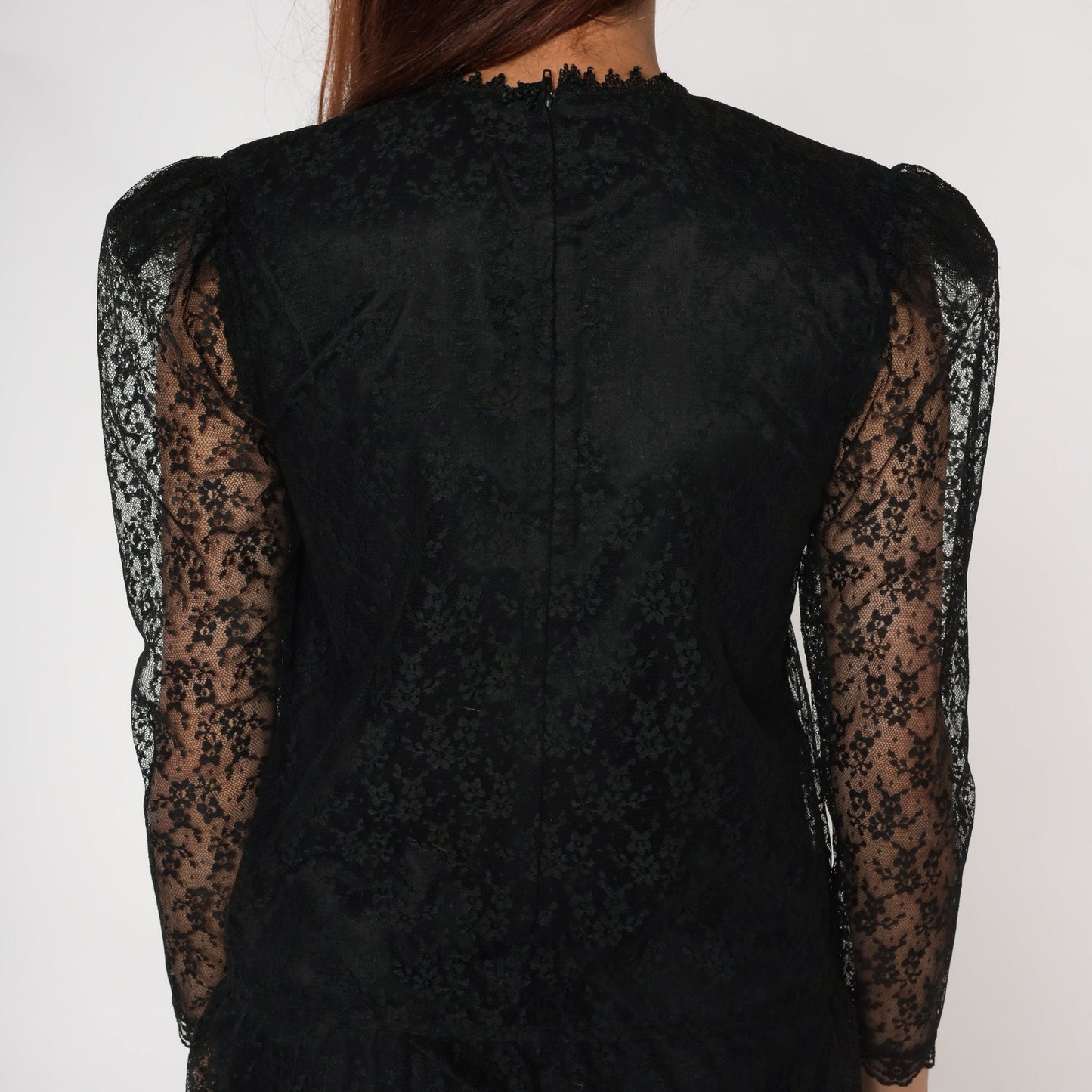 80s Scott McClintock Black Lace Midi Dress Beaded Illusion Neckline Small